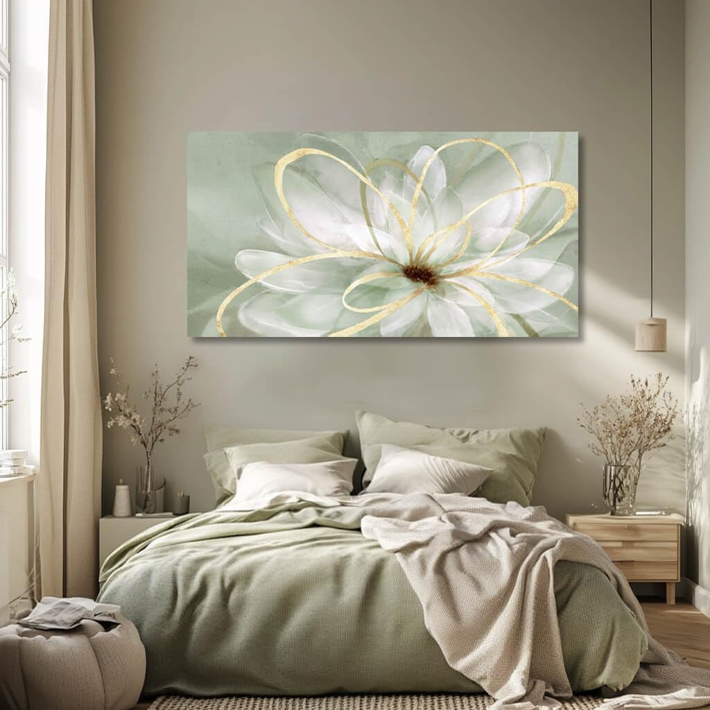 White Blossom GoldLine Wall Art Canvas 29X58 Inches-2
