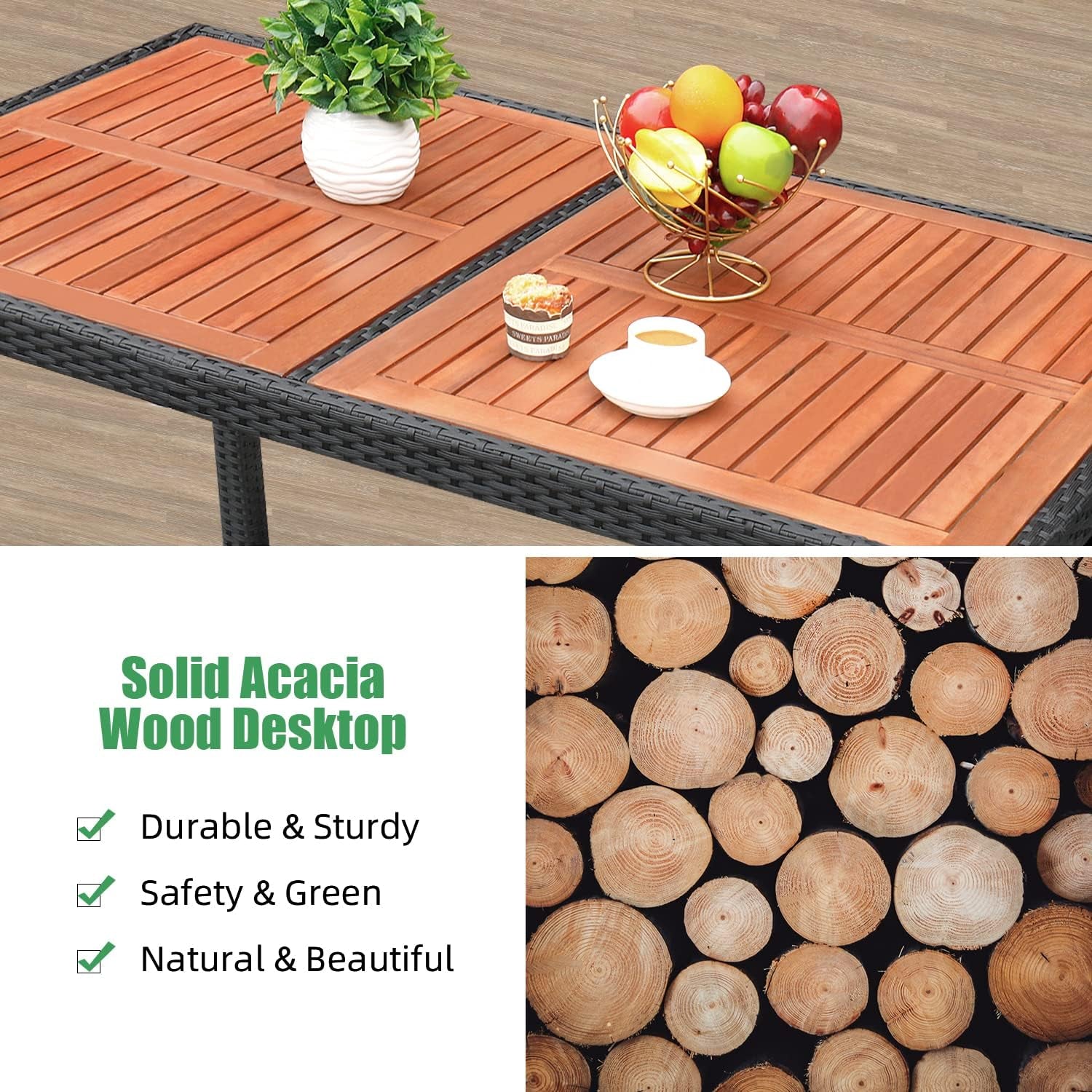 7 Piece Patio Dining Set Acacia Wood Table Wicker Chairs-3