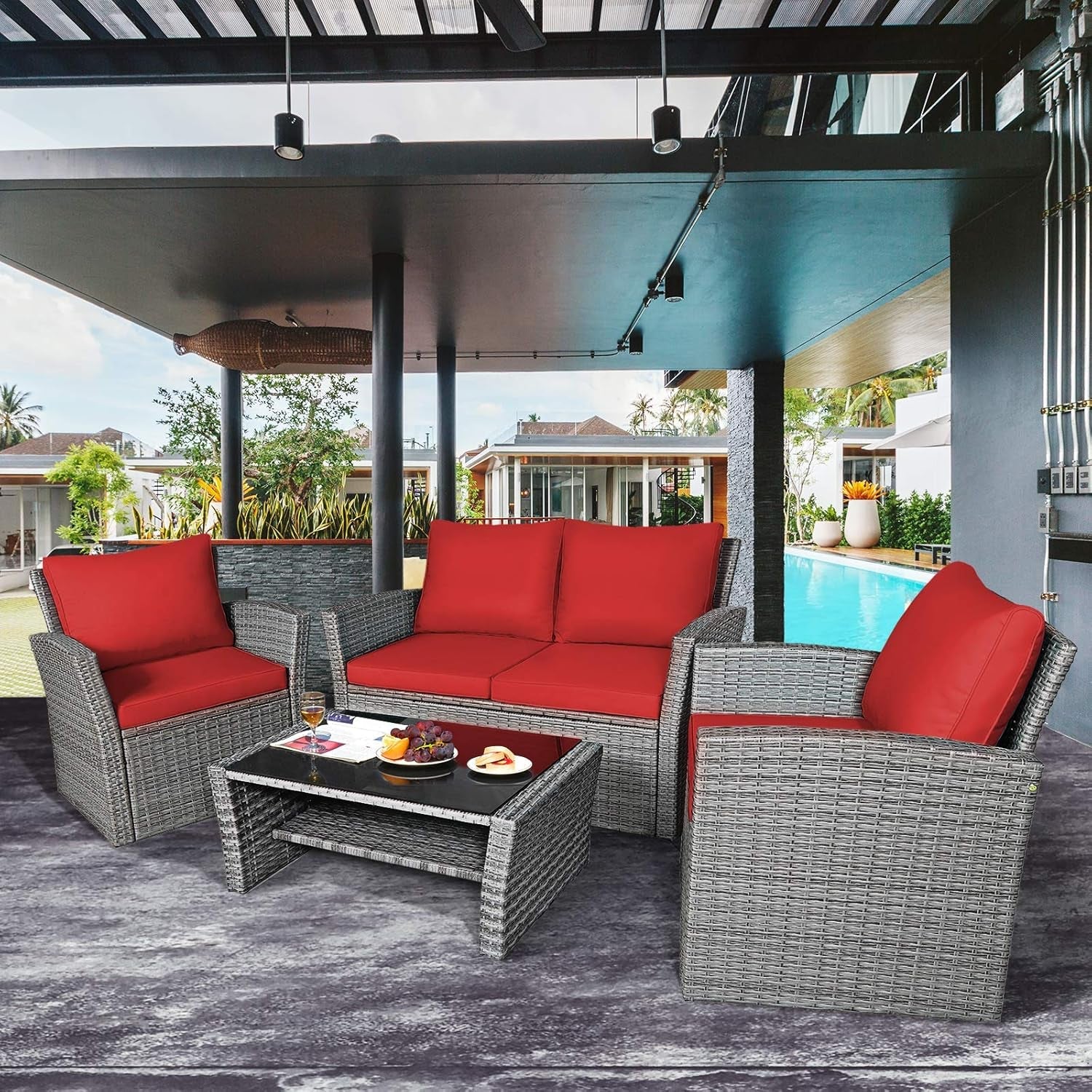 4 Piece All Weather Patio Furniture Set With Cushions And Glass Table-1
