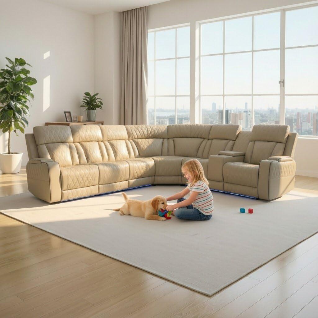 Beige Genuine Leather Power Recliner Sectional LED-2