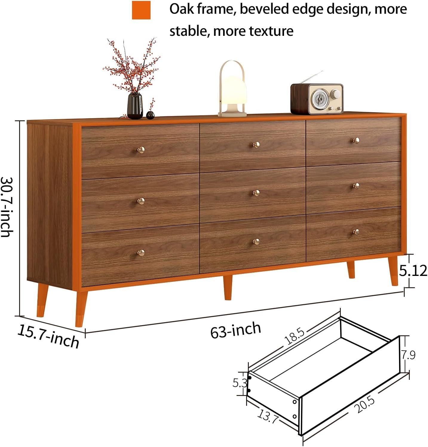 Walnut 63-Inch Wide Beveled Solid Hardwood Dresser-2