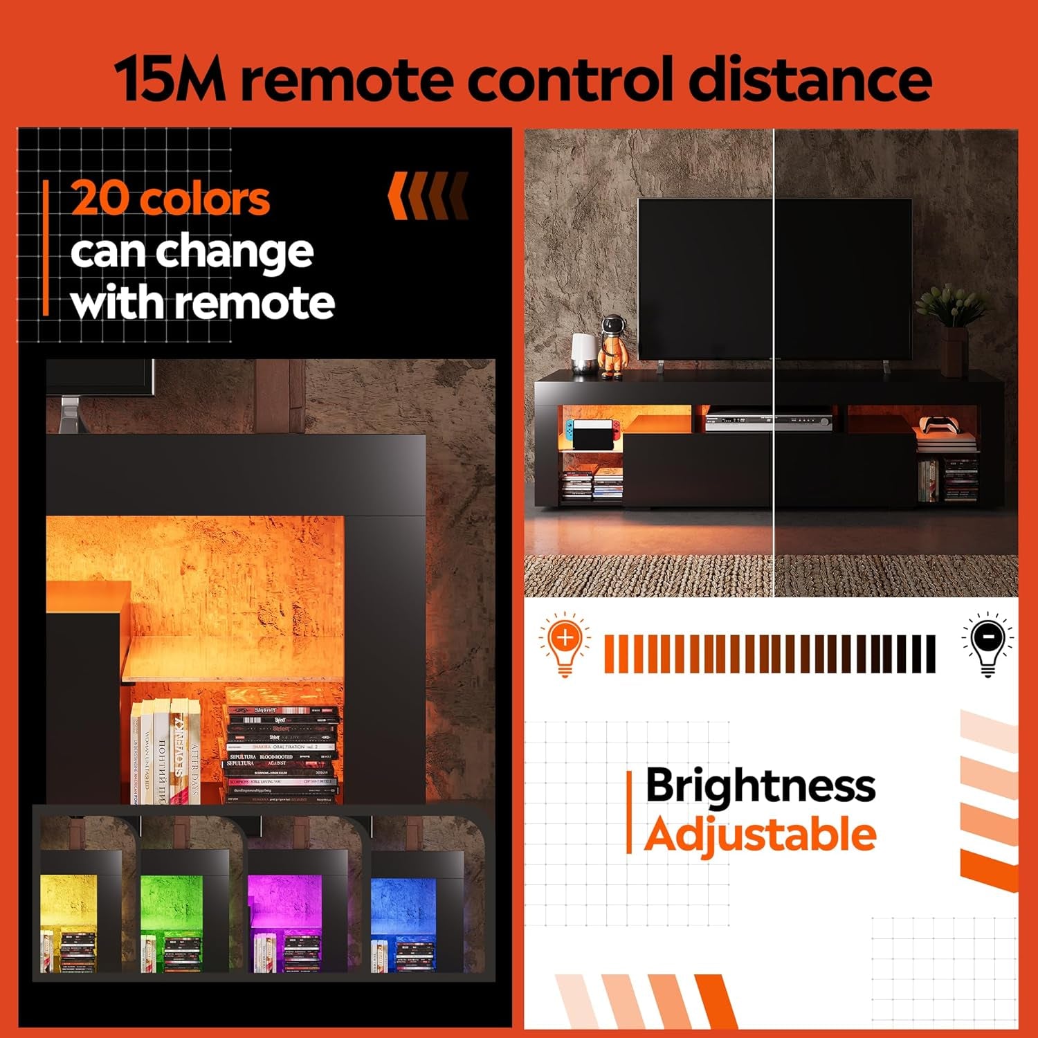 63 Inch TV Stand, LED Entertainment Center for 60 to 70 Inch TV, Modern TV Console with 2 Drawers, TV Stands for Living Room, Black-2