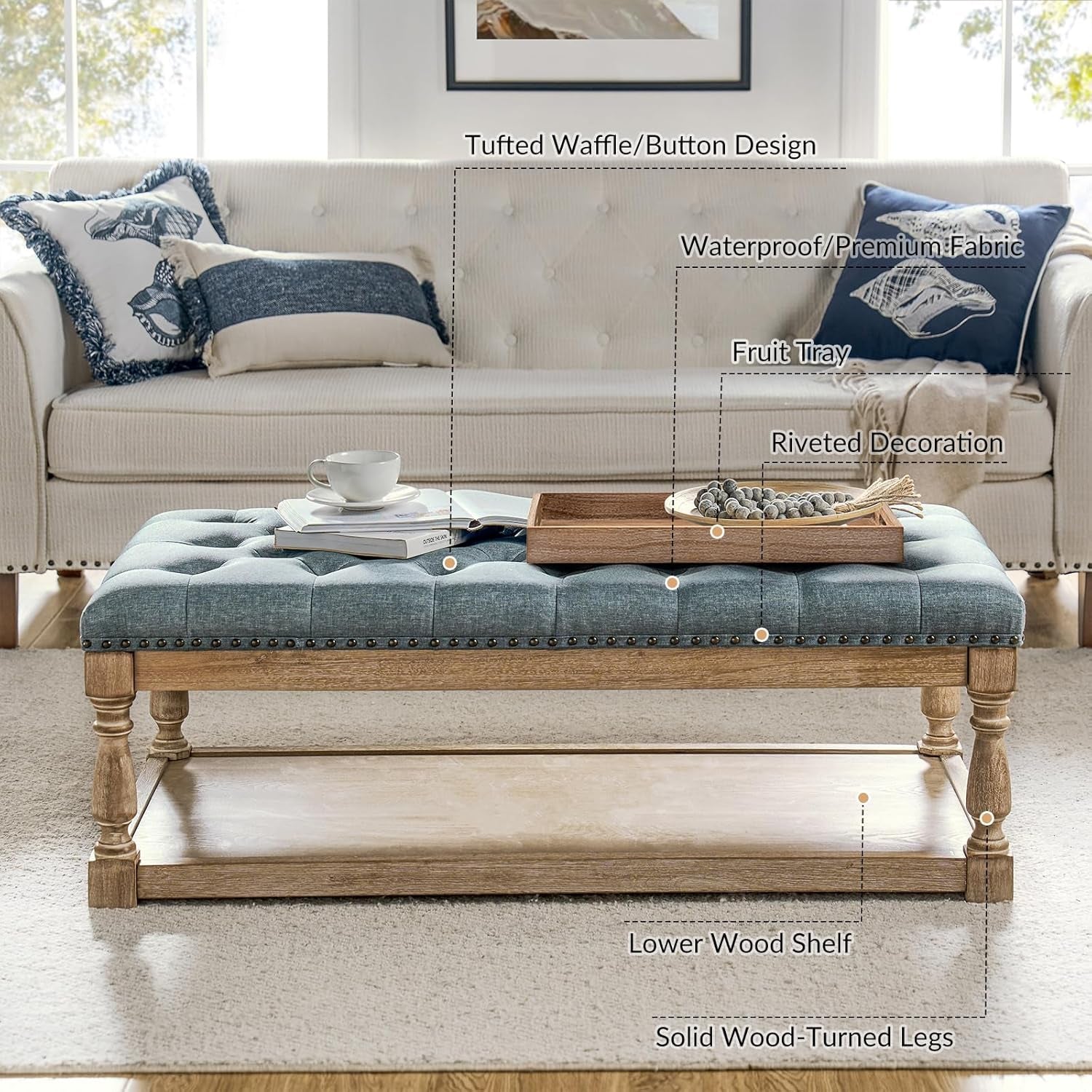 Blue Rectangular Upholstered Ottoman Coffee Table Tray-4