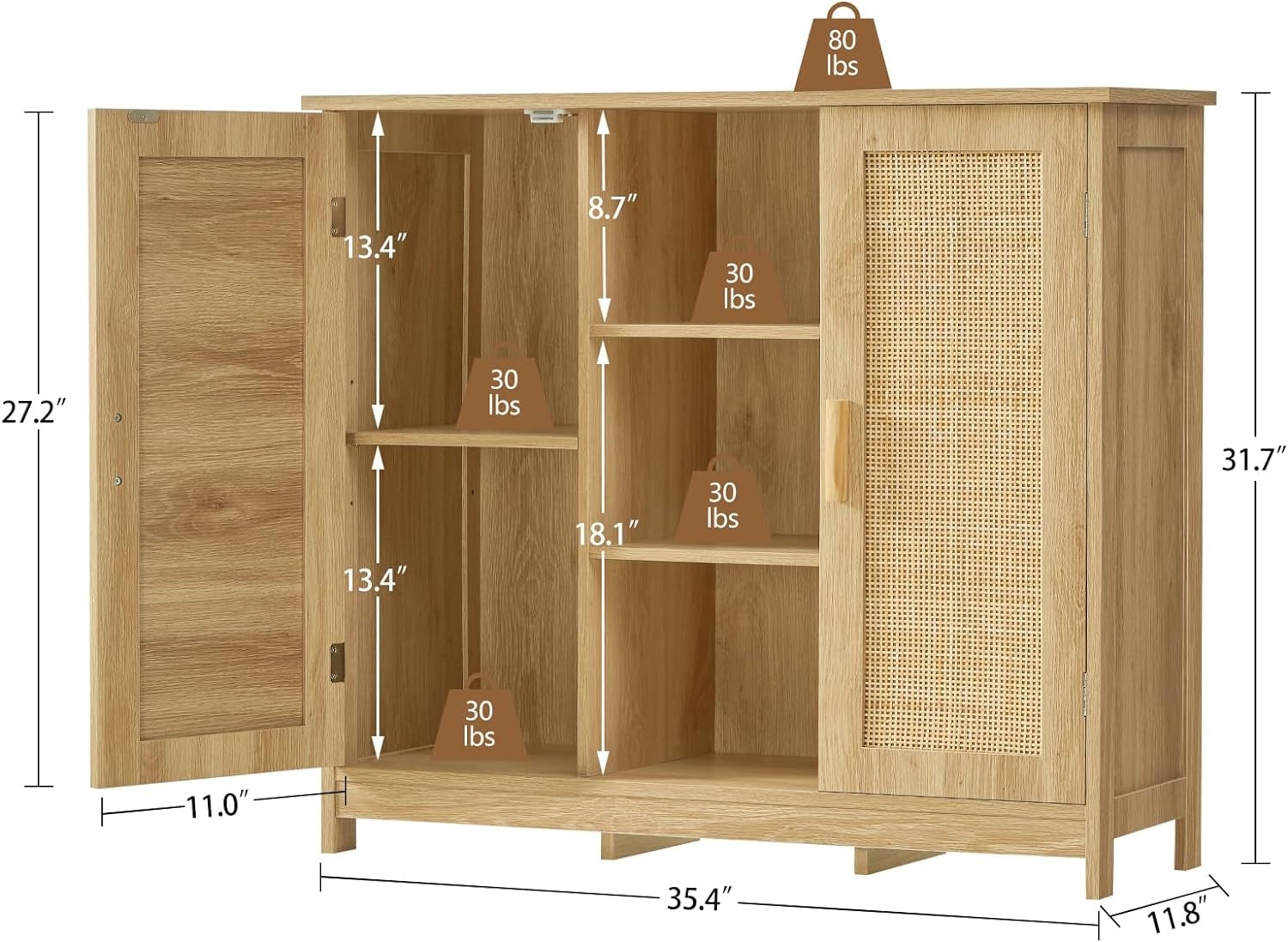 Storage Cabinet, Rattan Cabinet with 4 Adjustable Shelves, Coffee Bar Cabinet, Sideboard Buffet Cabinet for Kitchen, Living Room, Entryway, Natural-2