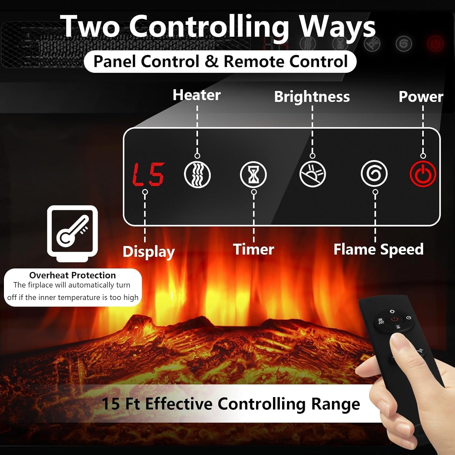 Fireplace TV Stand with 18''Fireplace, Modern Entertainment Center for Tvs up to 65 Inch, Media TV Console with Adjustable Glass Shelves and Storage Cabinets(Brown)-3