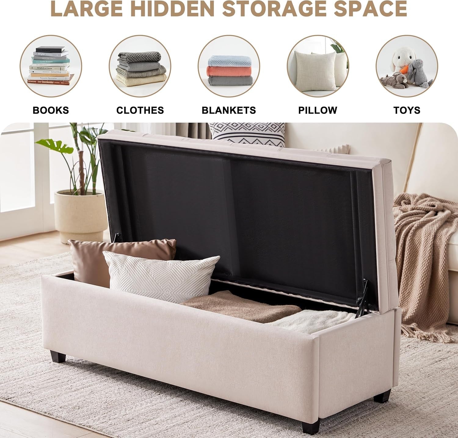 50 Inch Beige Tufted Storage Ottoman Bench Upholstered-2
