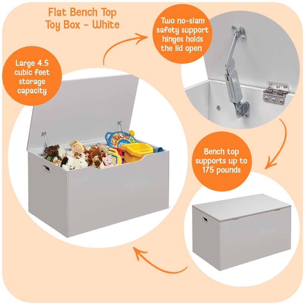 White Toy Storage Chest Bench FourCubicFeet FlipTopLid-1
