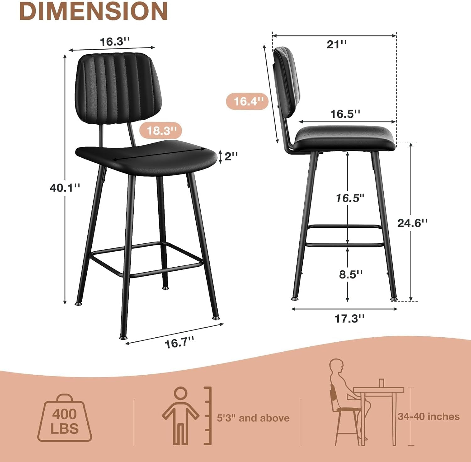 Bar Stools Set 2 24.6In Counter Height Black Faux Leather-1