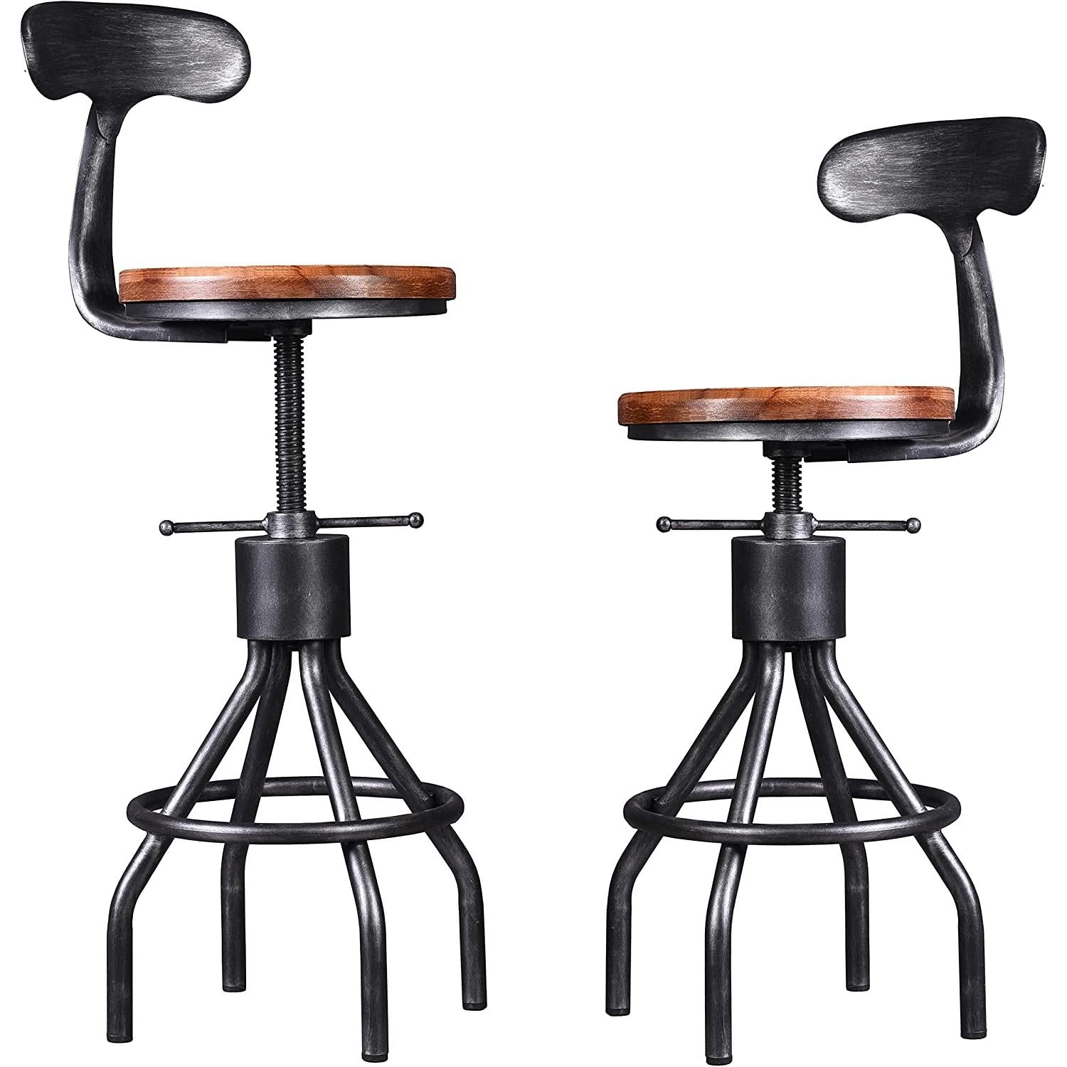 Adjustable Rustic Industrial Bar Stool Brown Seat Set of 2-1