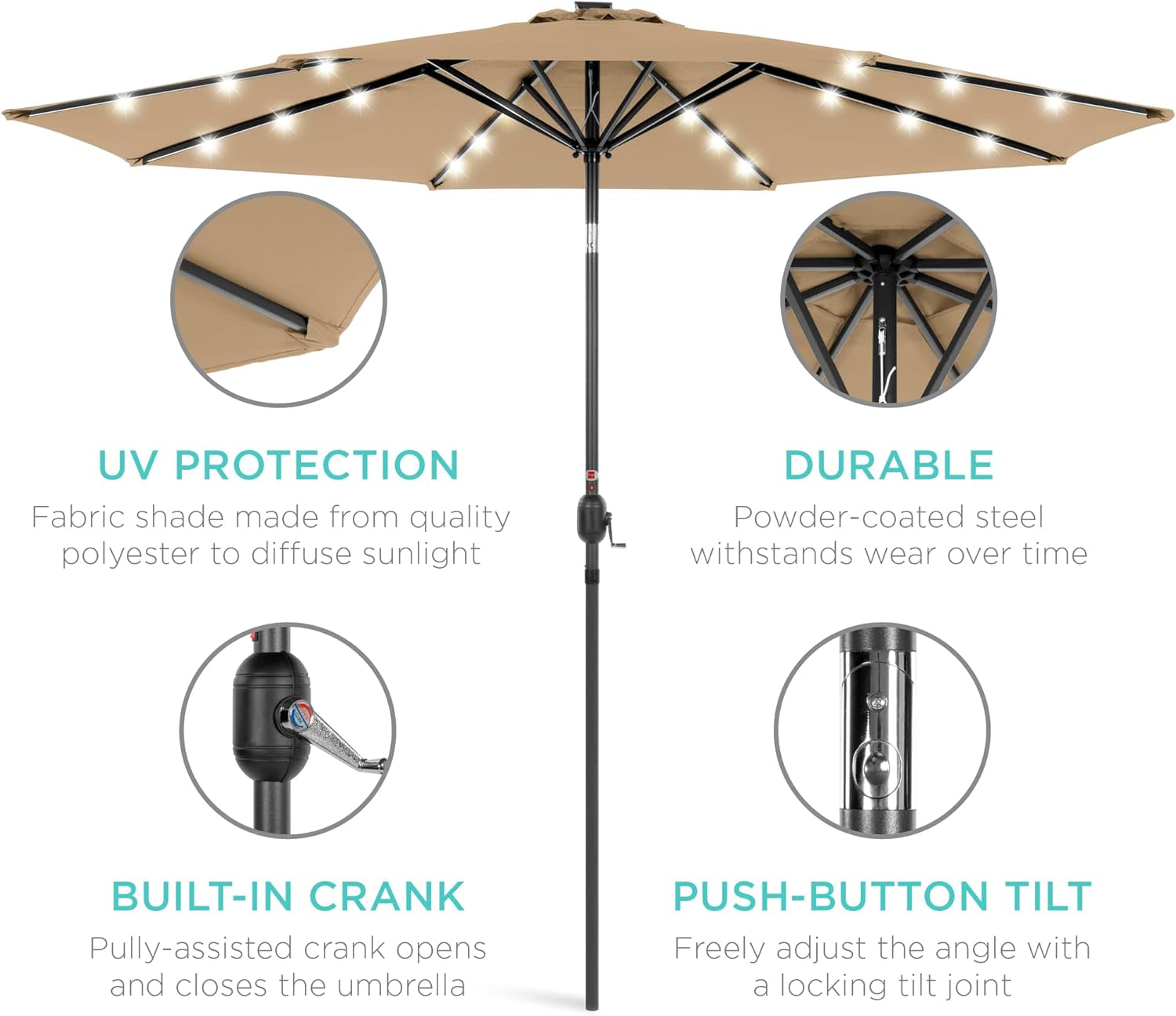 10 Ft Solar LED Patio Umbrella With Tilt Adjustment And UV Resistant Fabric All Weather Use-4