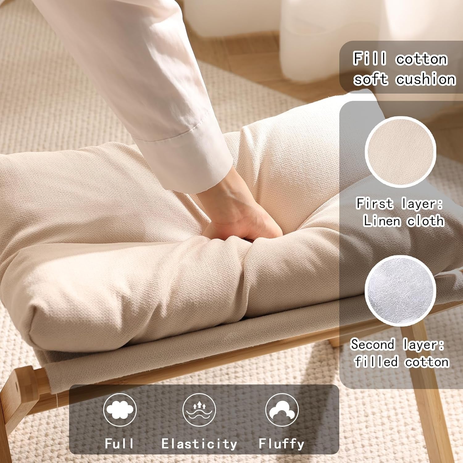Bamboo Foldable Ottoman Foot Rest Beige Upholstered-3