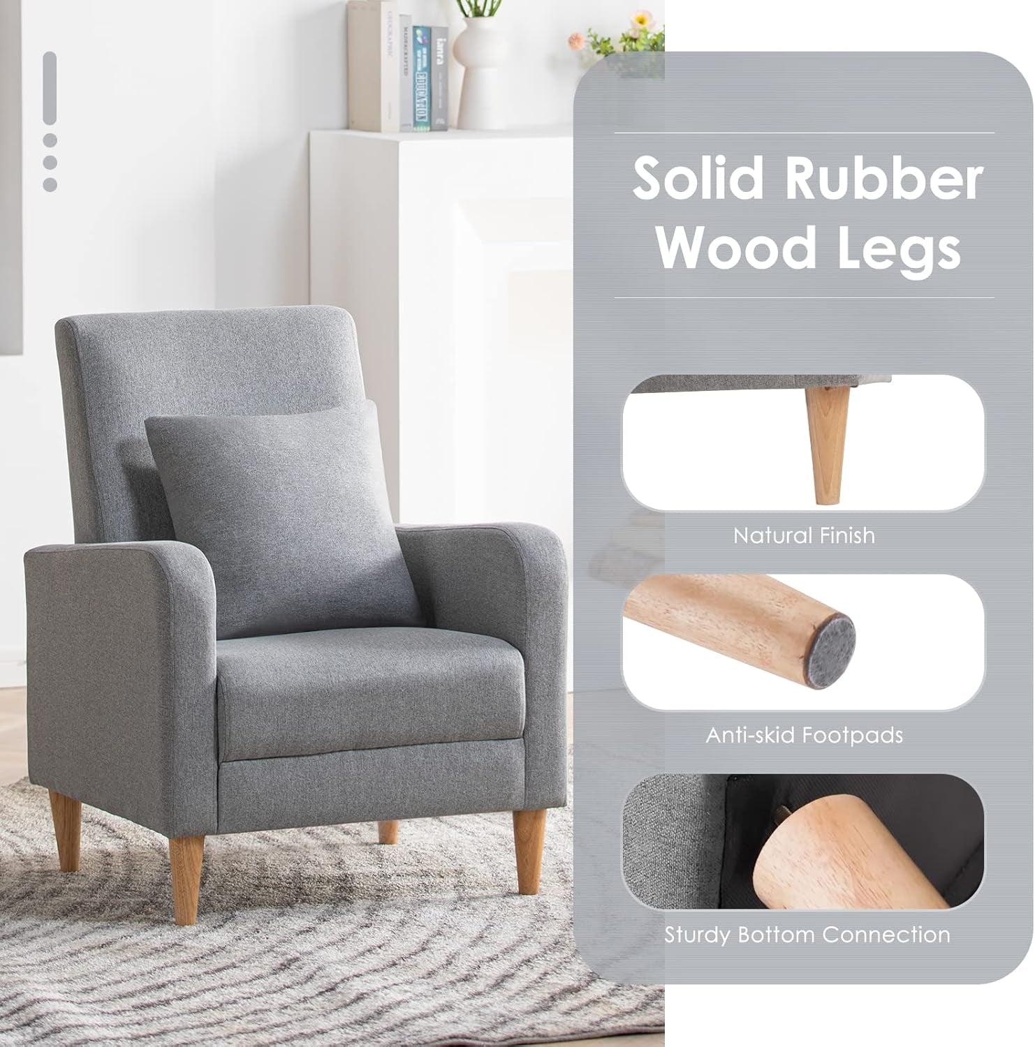 Grey Fabric Accent Chairs Set Of 2 Upholstered Wood Legs-4