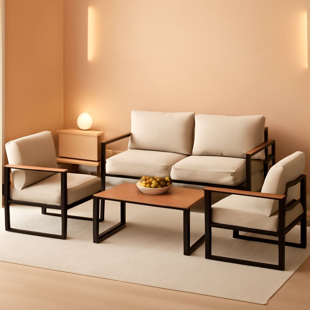 4 Piece Patio Set With Coffee Table Beige Metal Frames And Washable Cushions-0