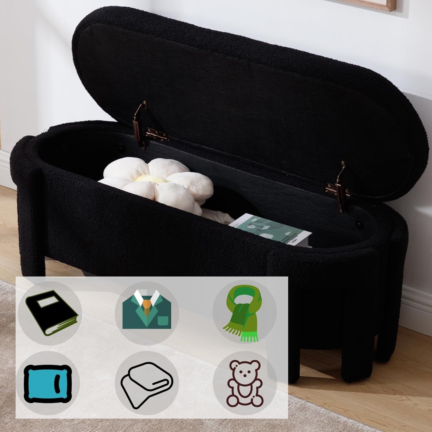 FiftyInch Sherpa Black Upholstered Storage Bench Ottoman-2