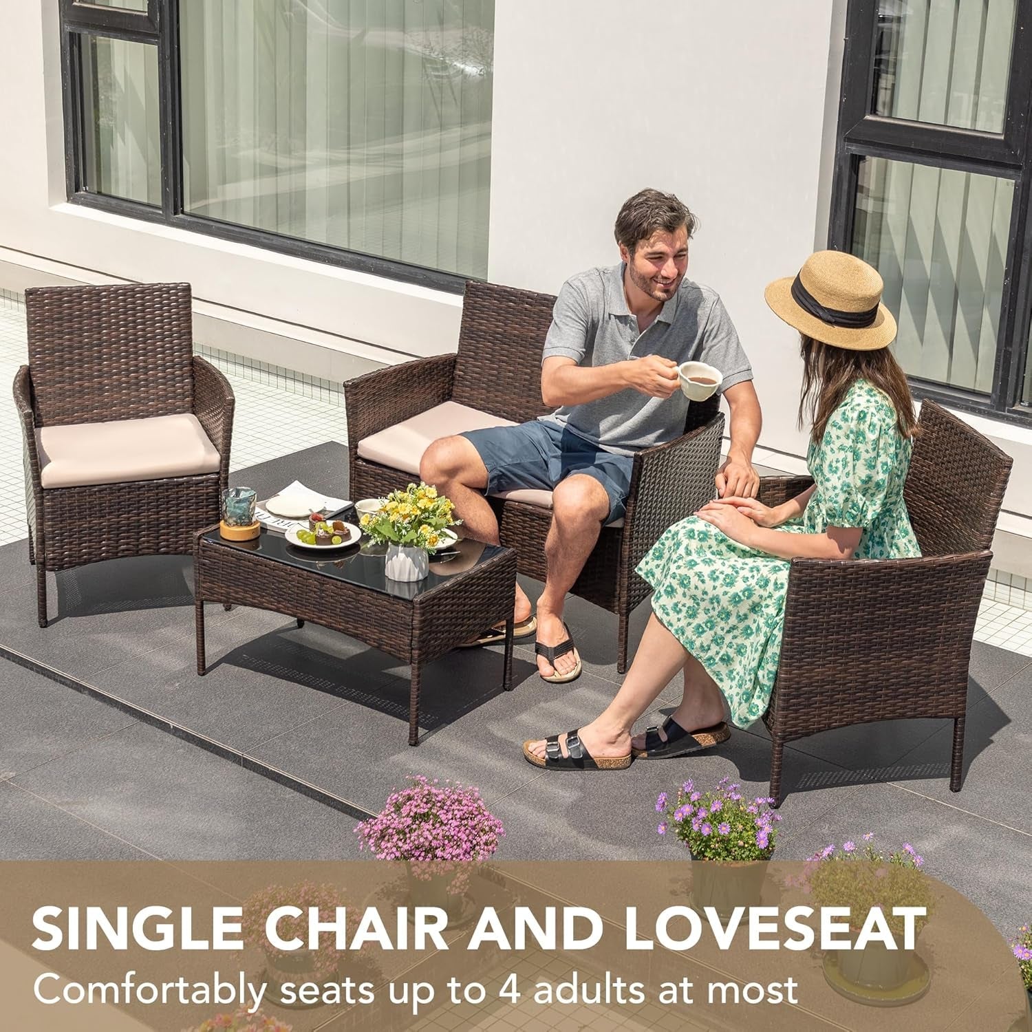 4 Piece PE Rattan Patio Furniture Set With Beige Cushions-4
