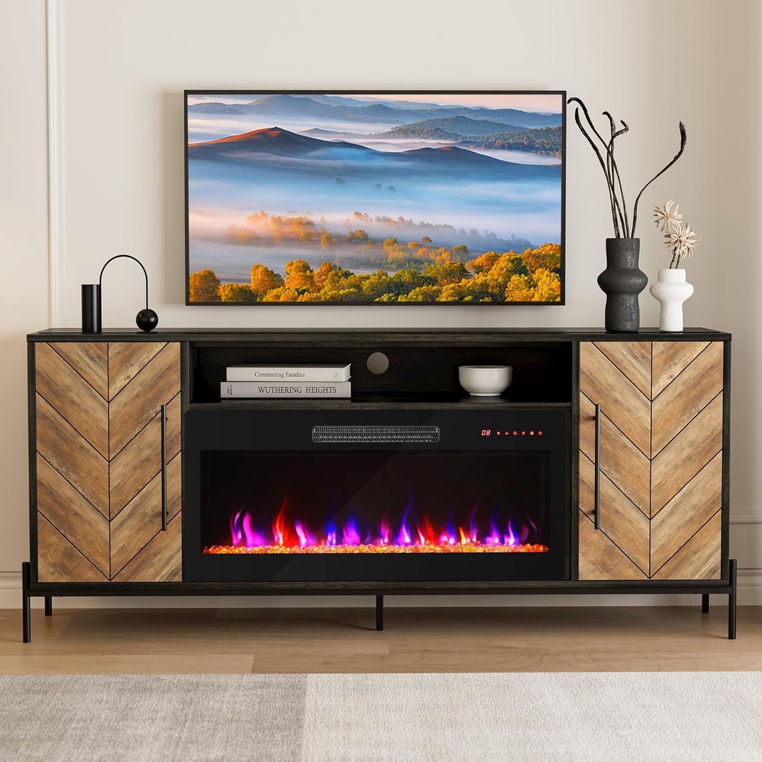 68" TV Stand with 36" Electric Fireplace Heater, Entertainment Center with Storage Cabinet, Console Table for Tvs up to 75" for Living Room, Bedroom - Harper (Black Ebony)-0