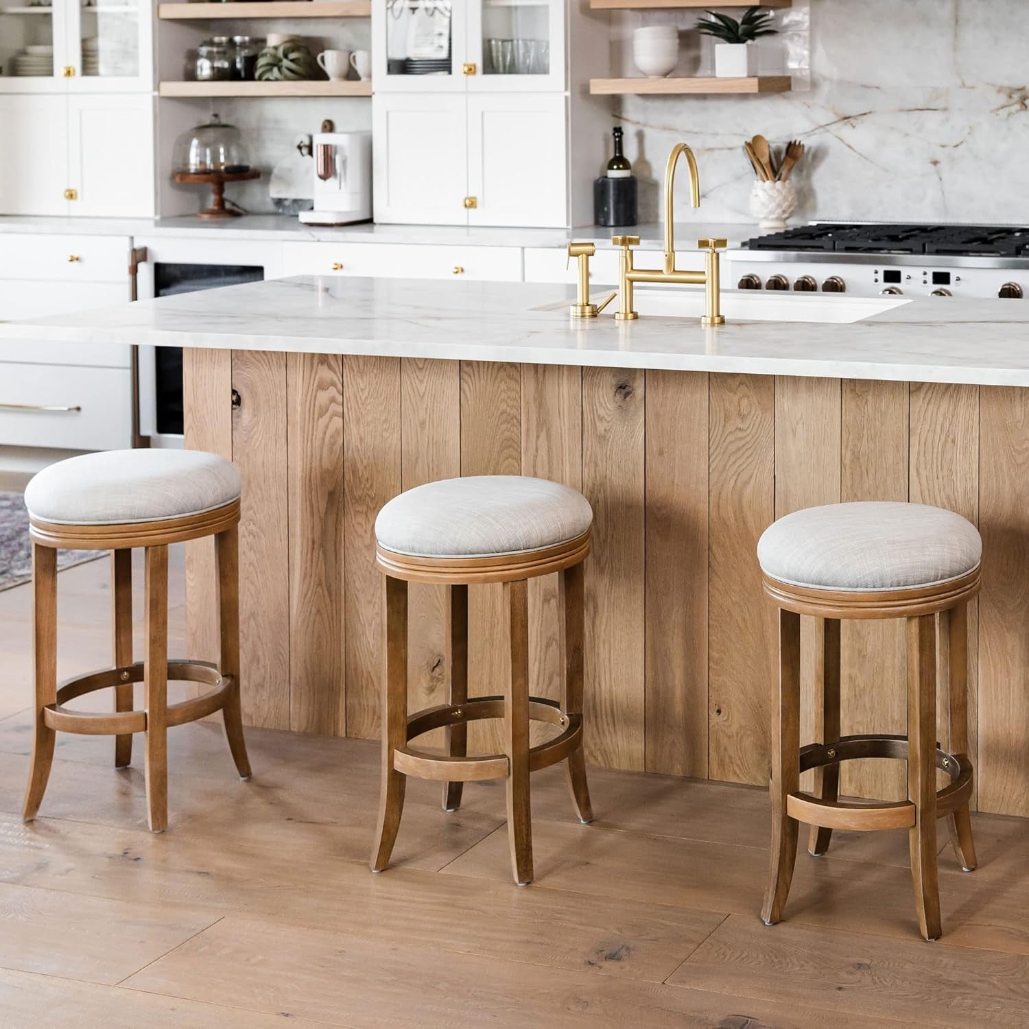 Eva 31 Inch Bar Height Backless Swivel Bar Stool Weathered Oak Sand Fabric-1