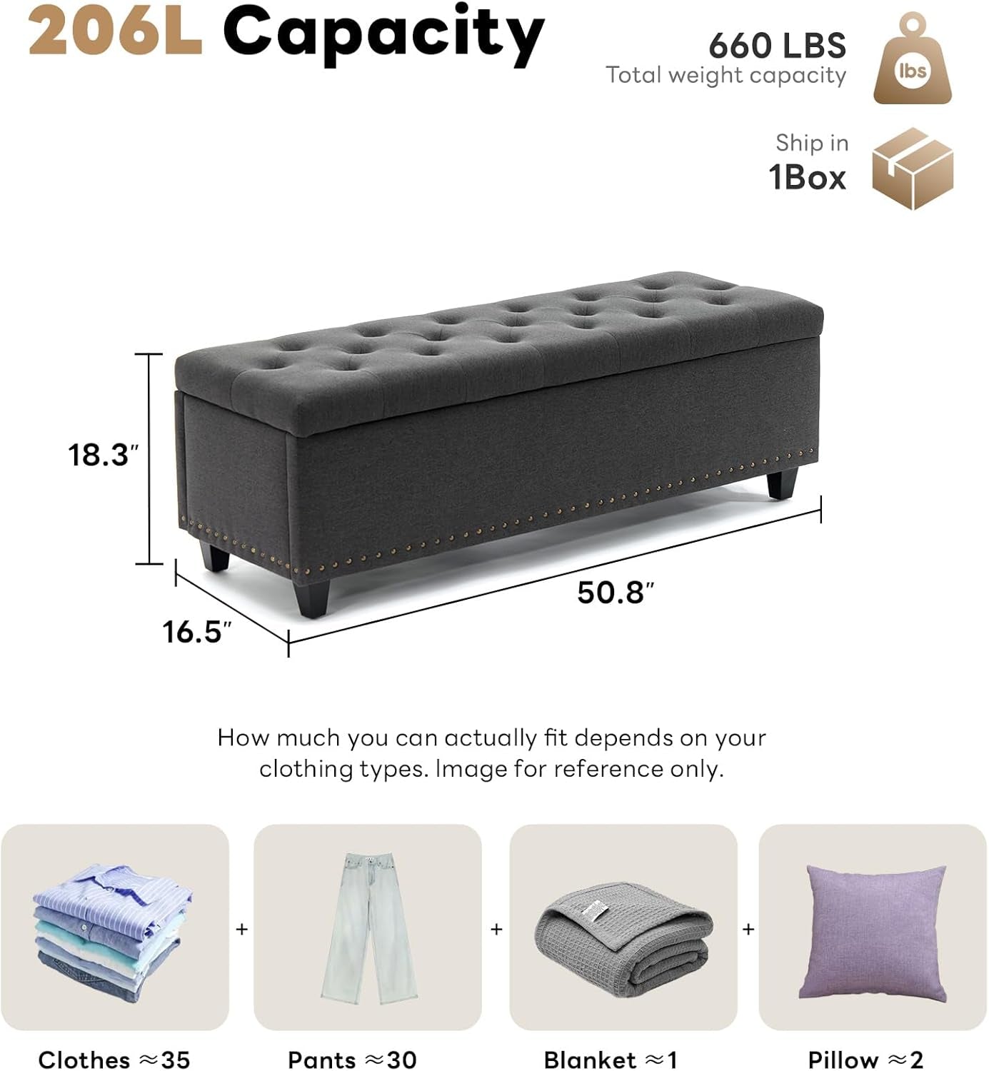 50.8 Inches Gray Upholstered Storage Ottoman Bench-1