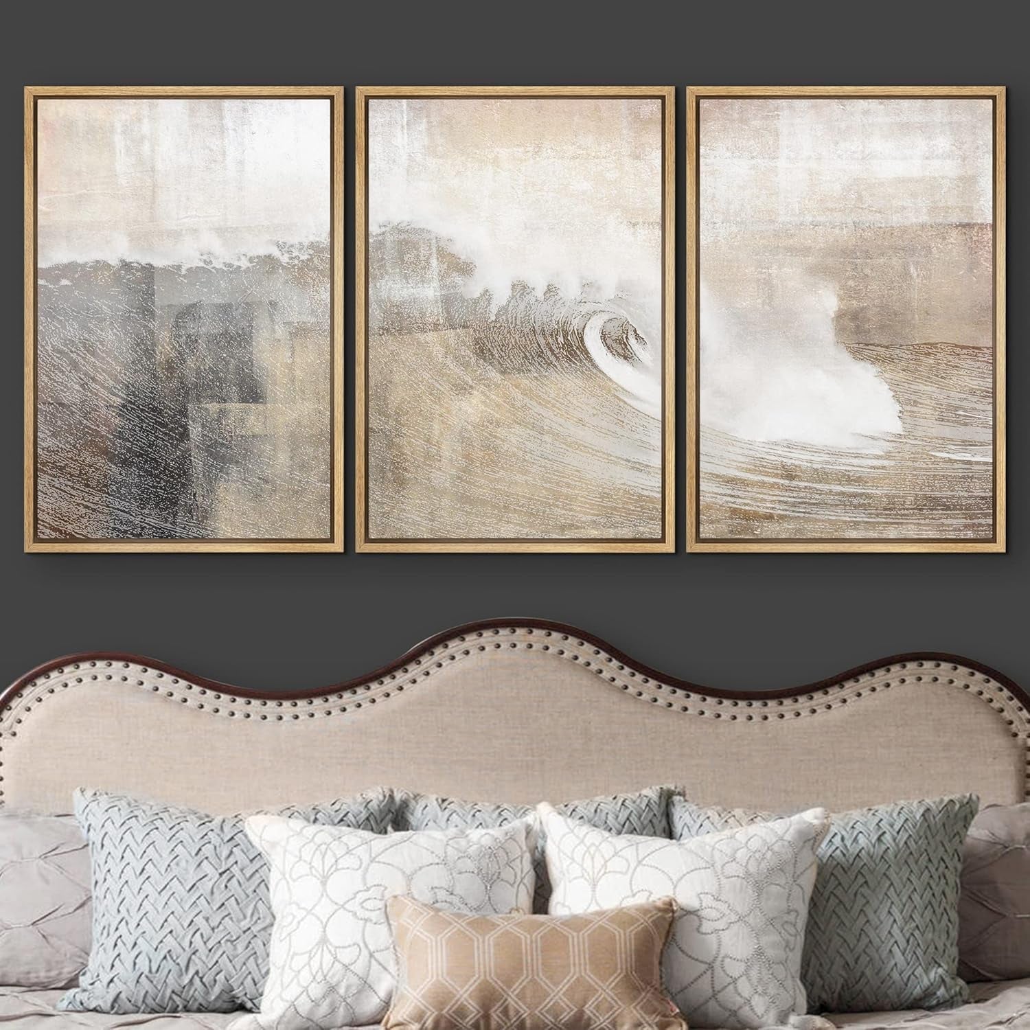 Framed Canvas Wall Art GrayTan OceanWave Collection Three Piece-2