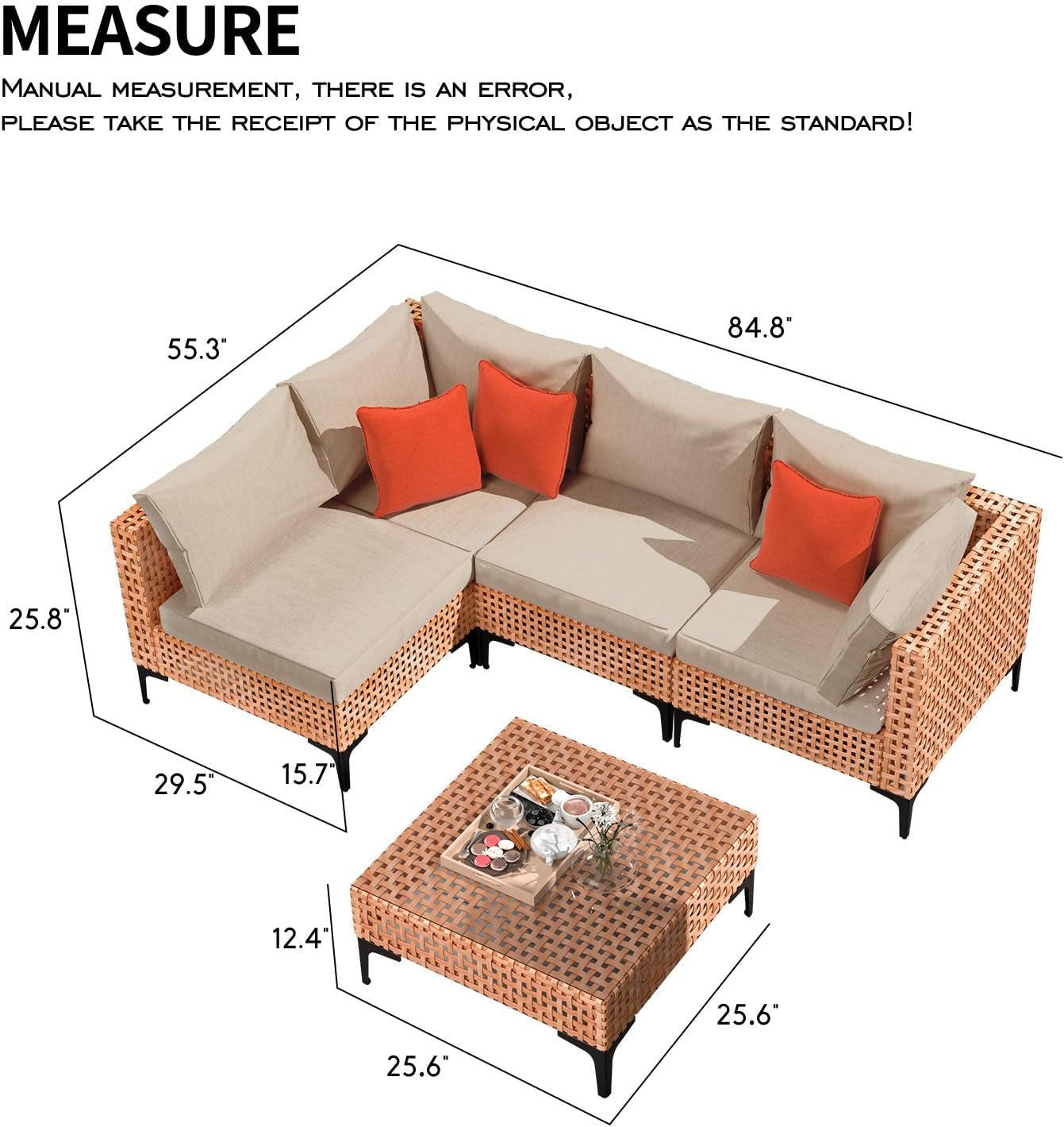 5 Piece Outdoor Patio Set Salmon Orange Wicker Sectional-4