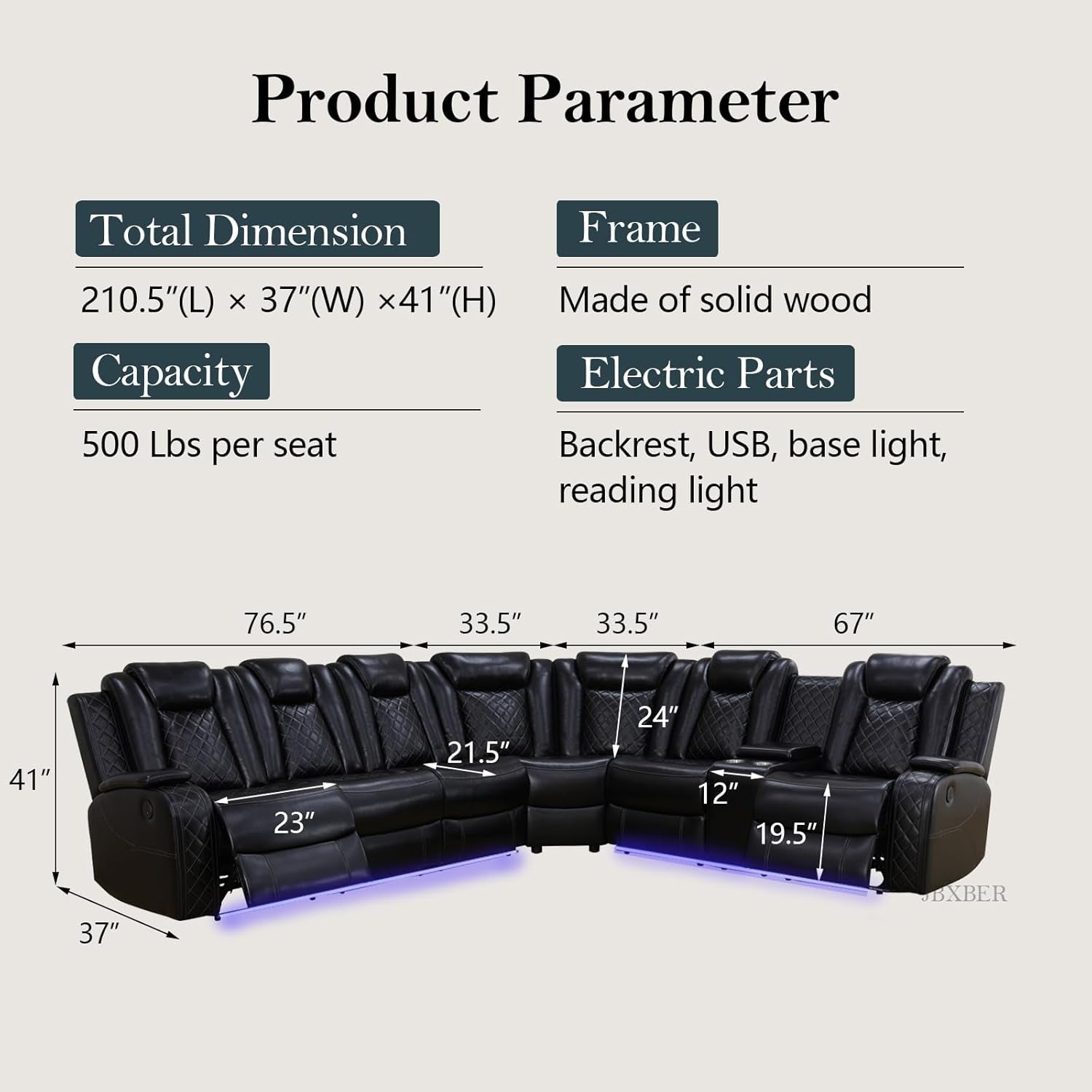Power Recliner Sectional Sofa Set In Black With Led Lights-1