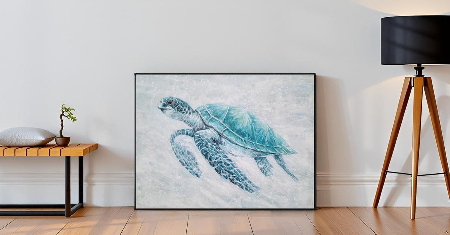 Sea Turtle Teal Canvas Wall Art ExtraLarge Hand painted-3