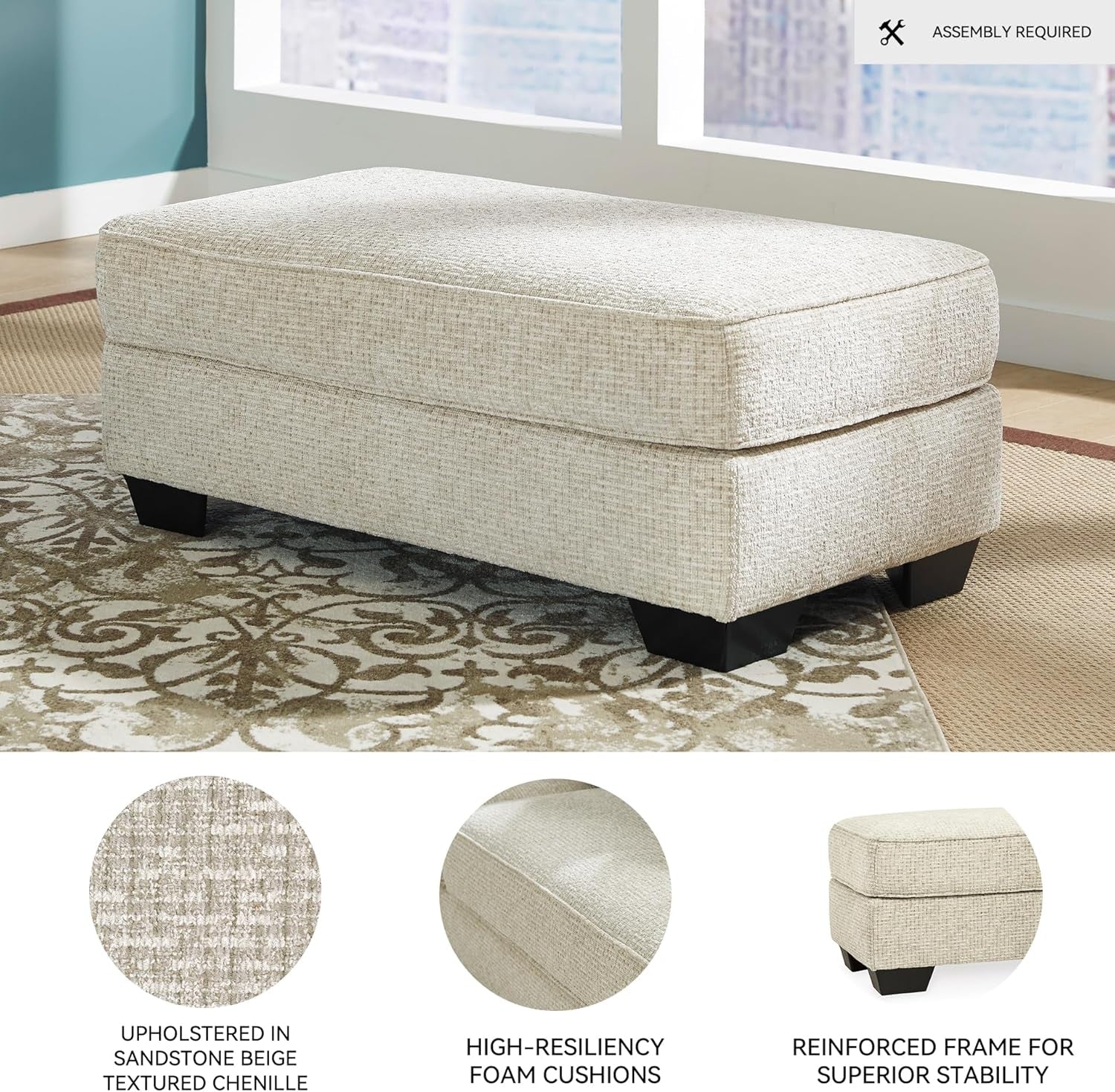 Beige Chenille Upholstered Ottoman With Cushioned Comfort-3