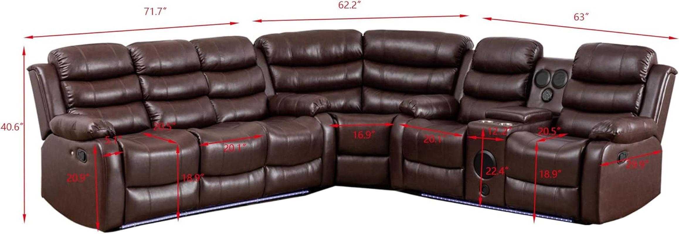 Brown PU Leather Reclining Sectional Sofa USB Chargers-2