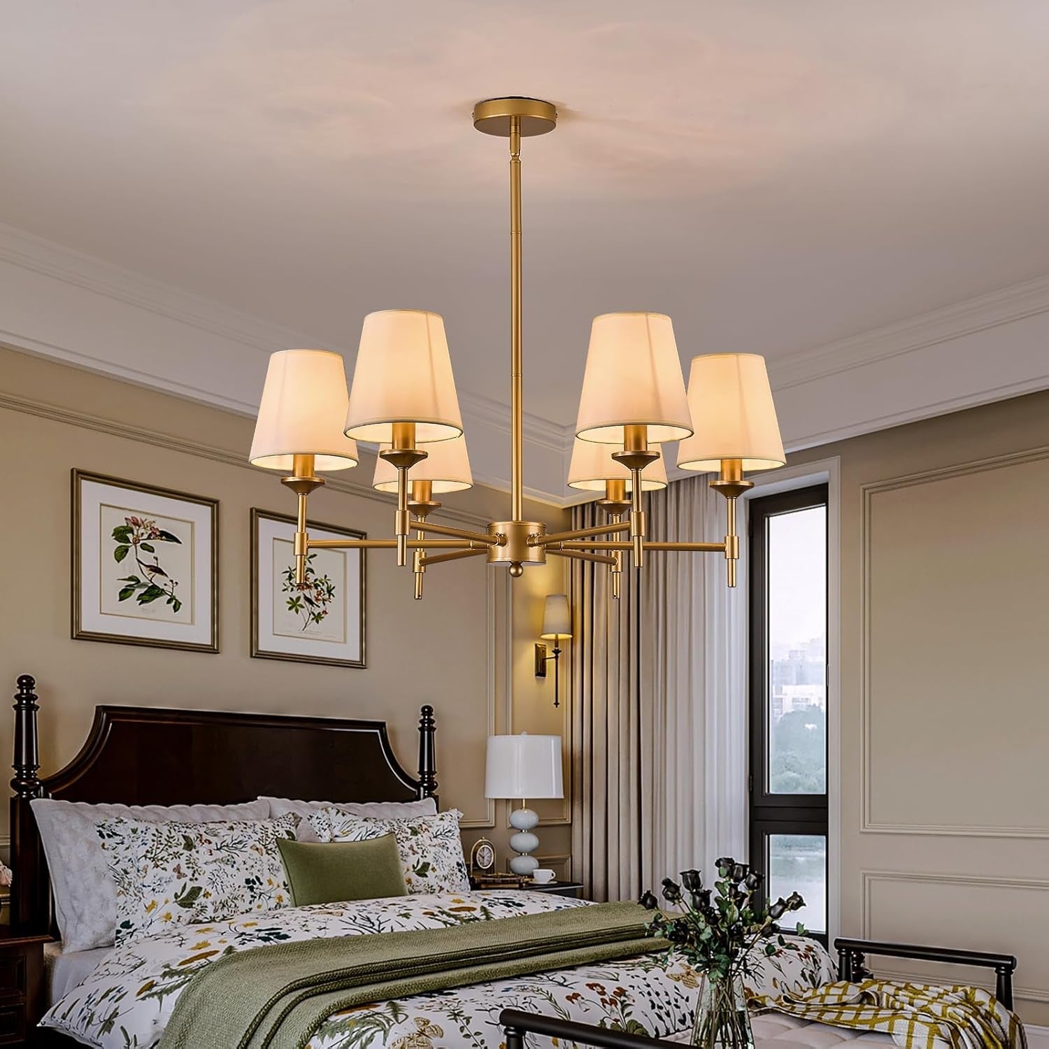 Gold Farmhouse Chandelier 6 Light Linen Shade Fixture-4