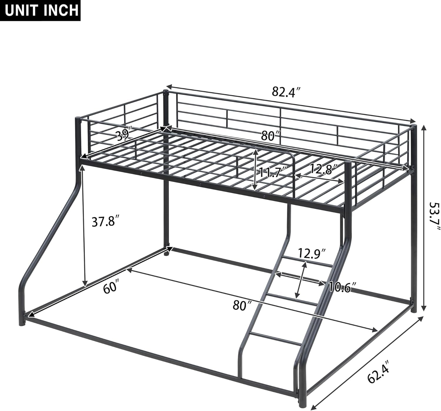 Twin over Queen Bunk Bed, Floor Bunk Bed, Heavy Duty Metal Bunk Bed Frame, Queen Bunk Bed for Adults, Adult Bunk Beds Heavy Duty, Twin XL Bunk Bed, Black-1