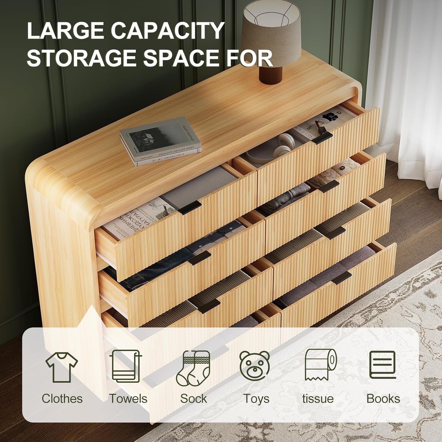 Natural Oak Fluted 8 Drawer Dresser 55 Inch Wide Bedroom-2