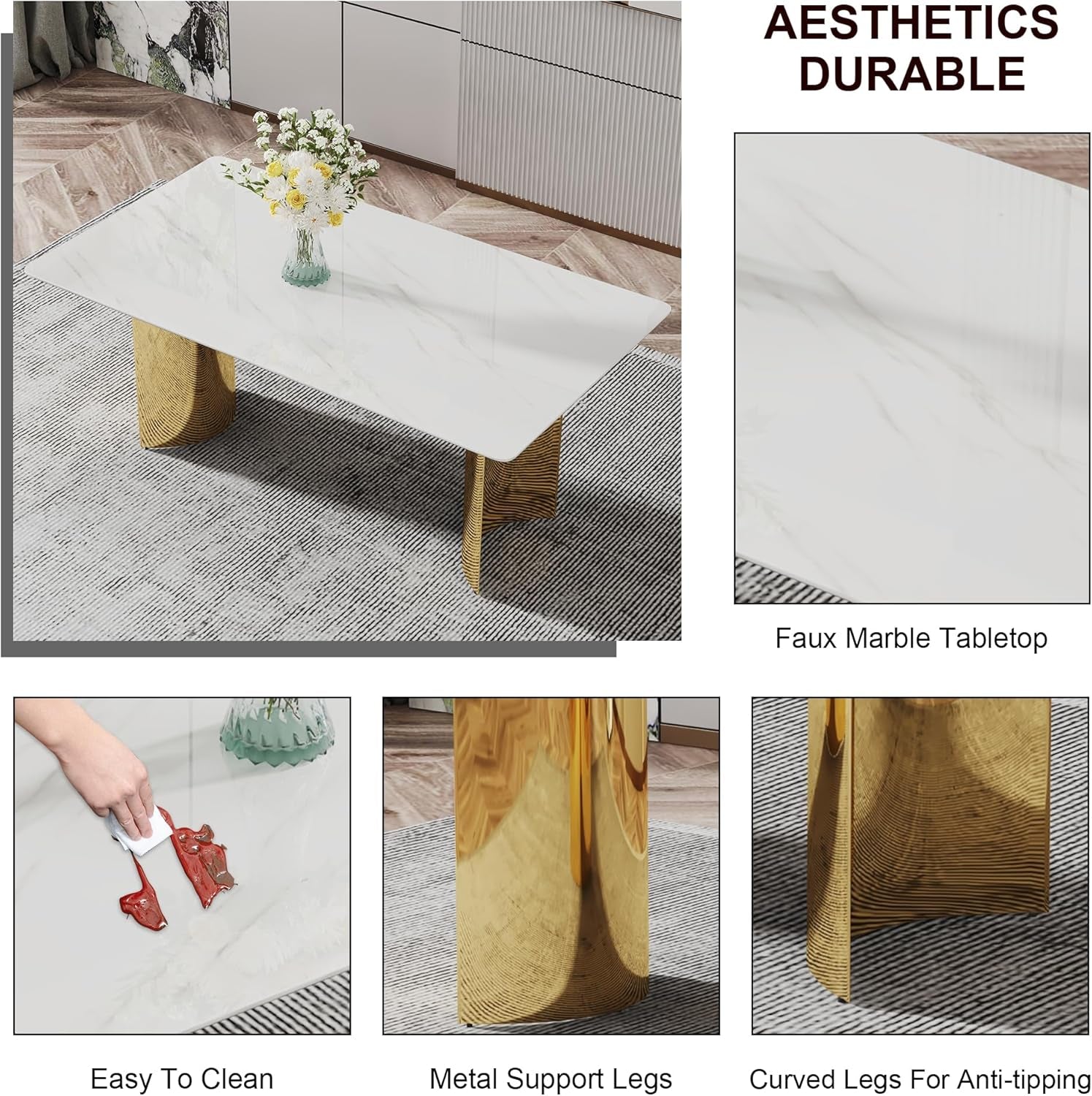 White Marble Dining Table 71 Inch Glass Top Gold Base-3