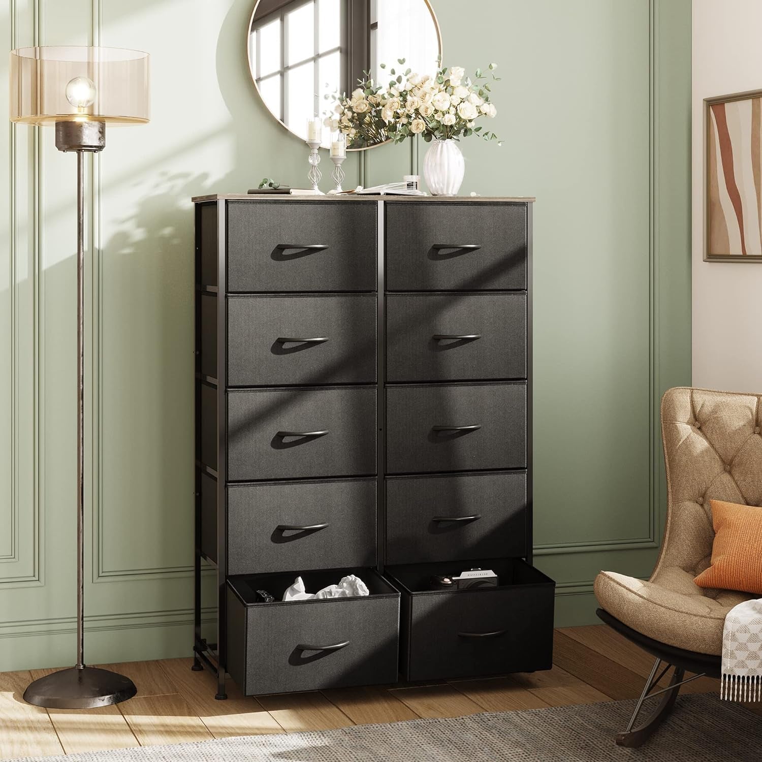 Tall Black Dresser With 10 Drawers And Fabric Bins Storage Organizer-1