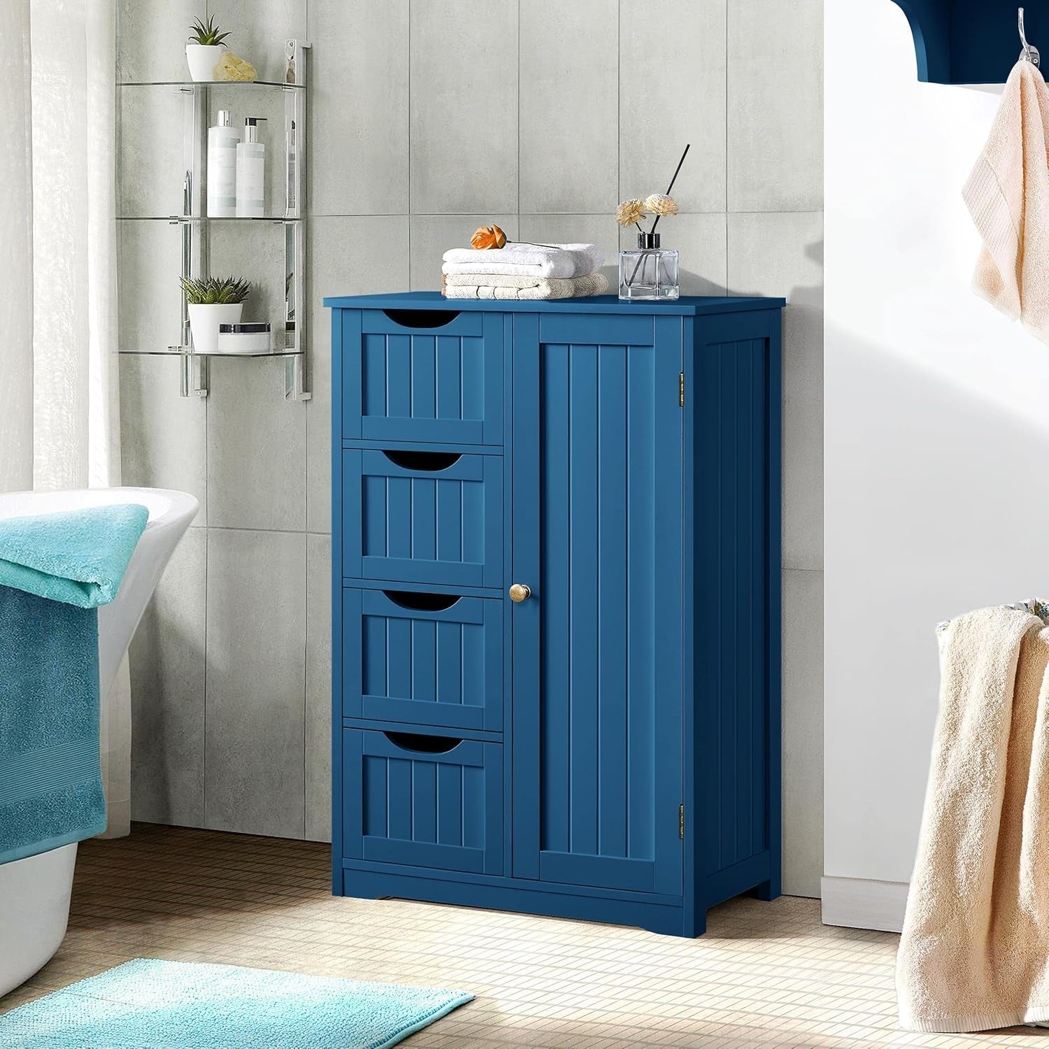 Navy Blue Wooden Bathroom Floor Cabinet With 4 Drawers And Cupboard-3