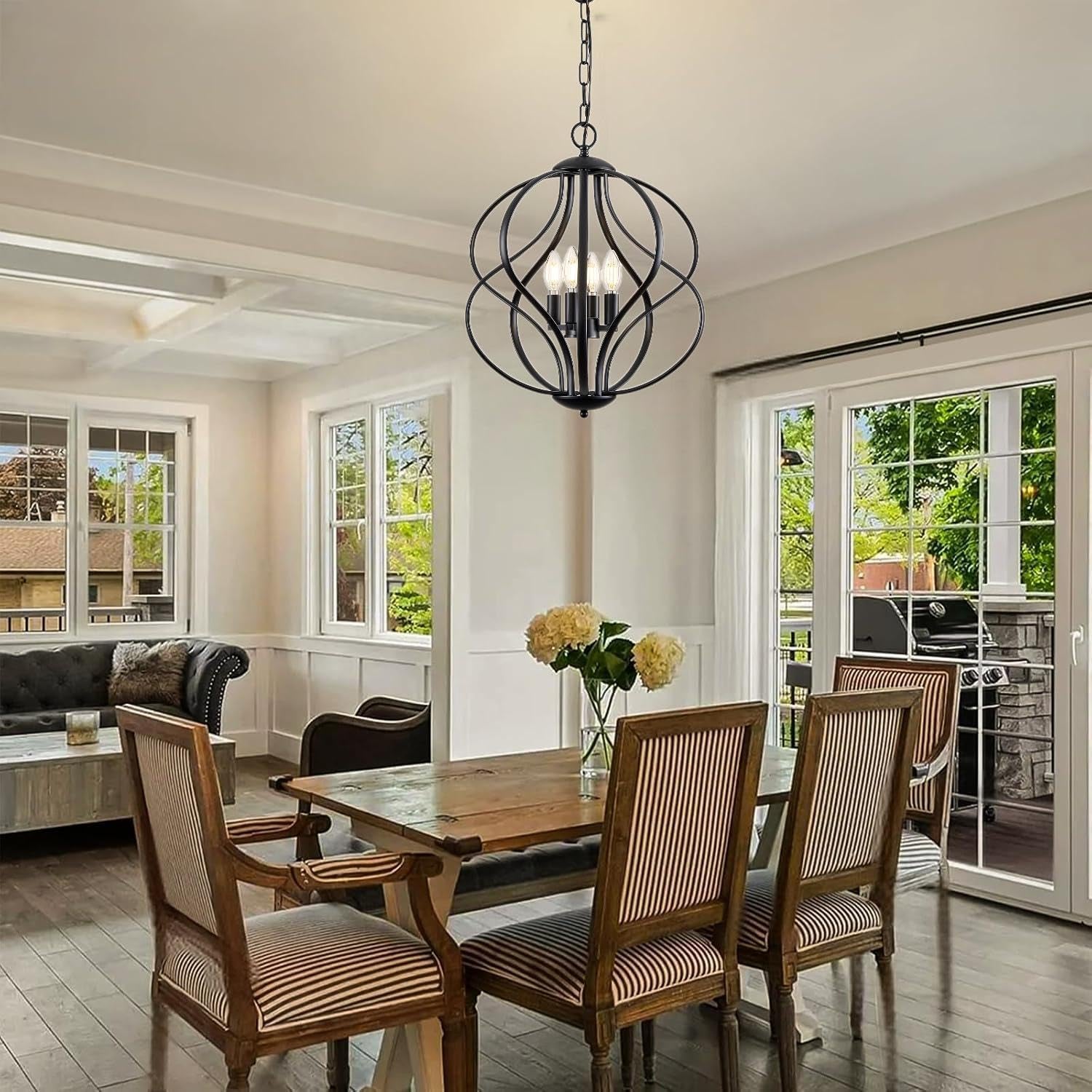 Black Four Light Geometric Pendant Chandelier Dining Room-2