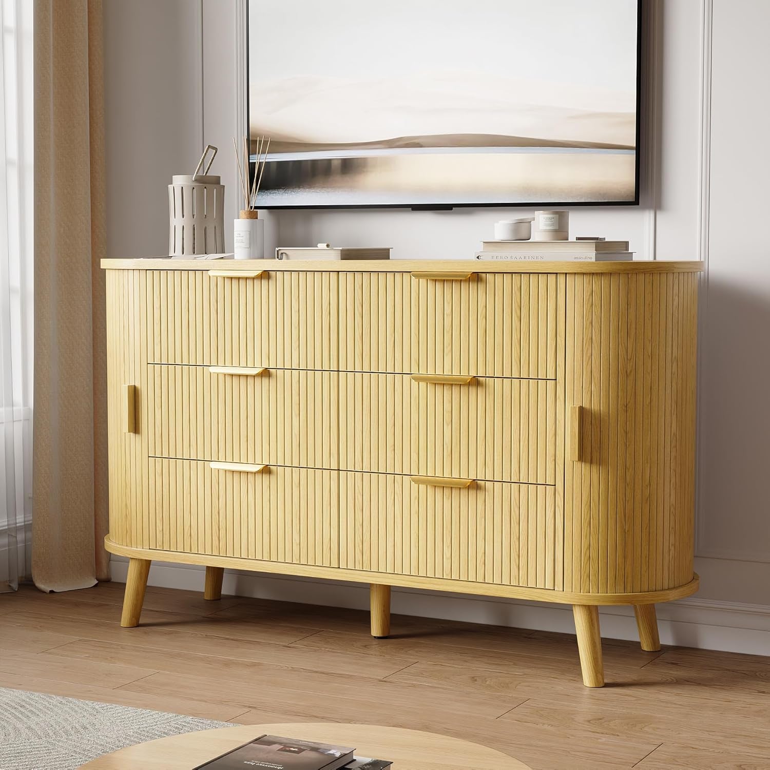 FiftyFiveInch Natural Oak Dresser With Sliding Compartments-2