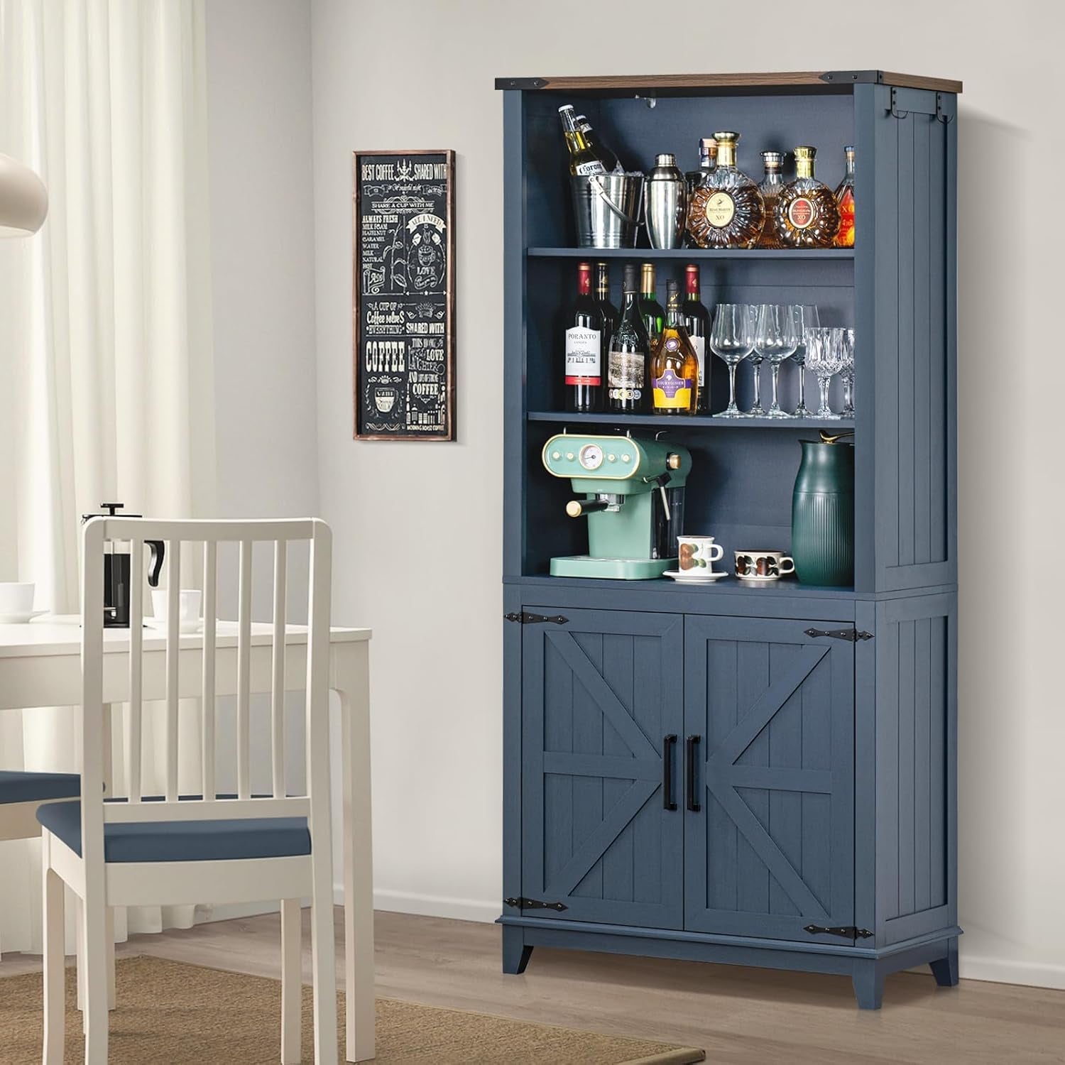 Blue 70In Tall Farmhouse Bookcase Adjustable Shelves-4