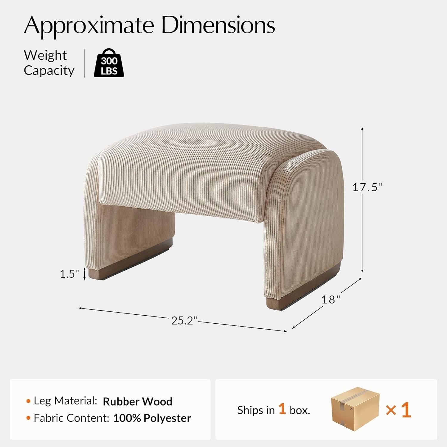 Beige Corduroy Ottoman With Contemporary Wood Legs-1