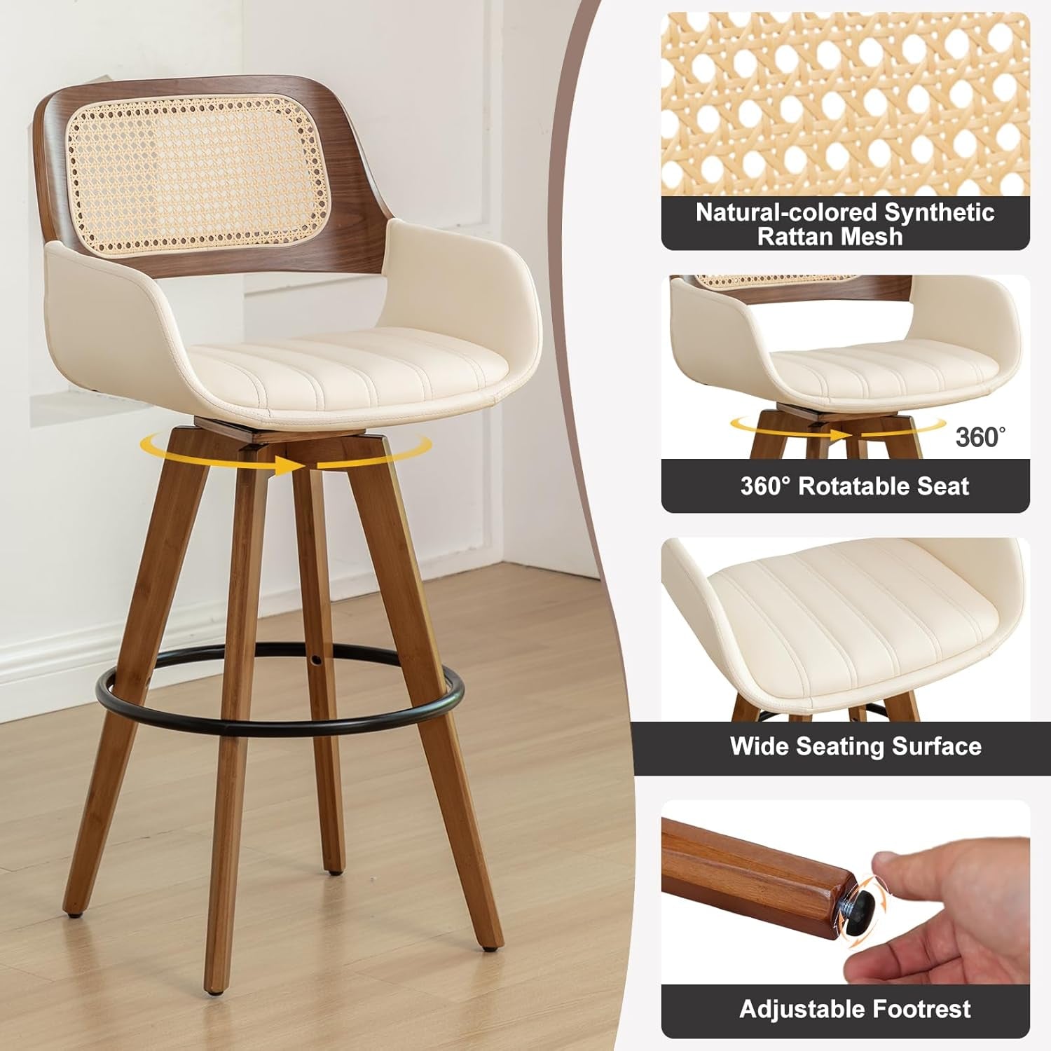 Rattan Swivel Bar Stools, Counter Height Bar Stools with Cane Back, Upholstered Seat, Faux Leather Upholstered Furniture for Island/Counter (Beige, 26.5"-2 PCS)-2