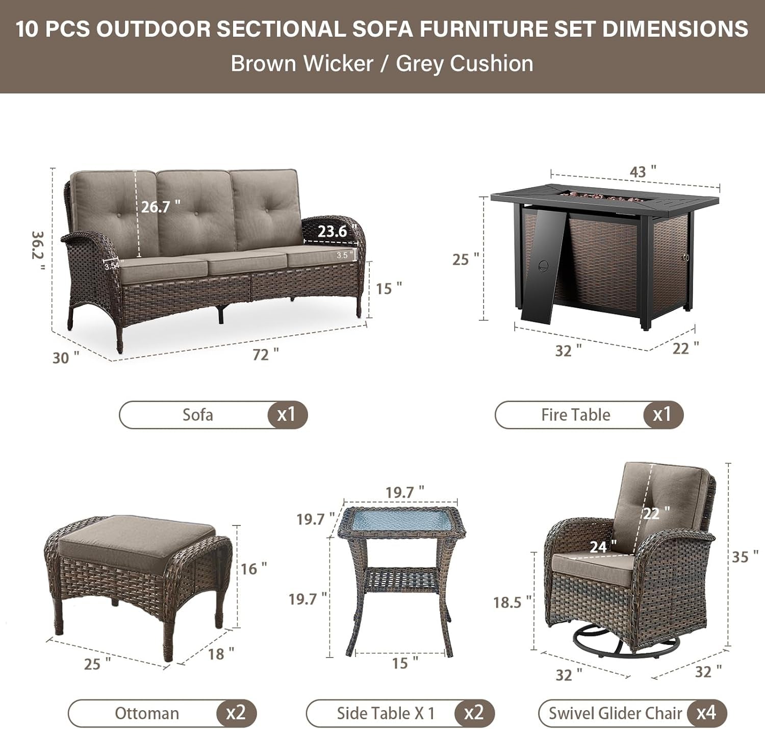 Outdoor Patio Furniture Set With 43In Fire Pit Table Brown-2
