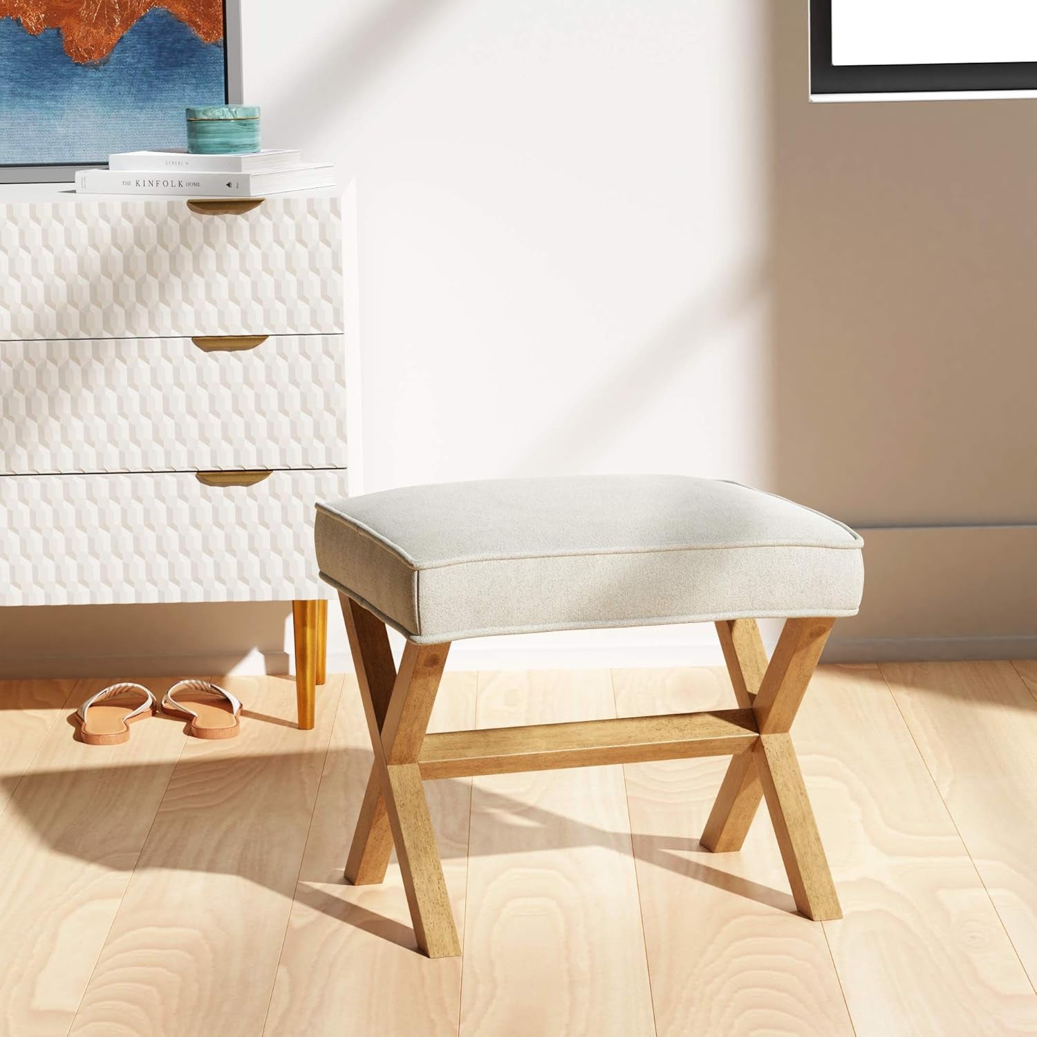 Small Ivory Upholstered Ottoman Footrest With Xframe-1