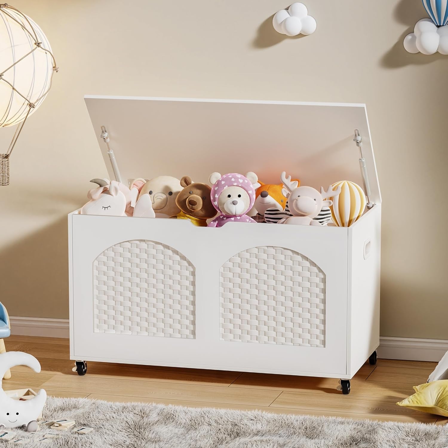 White Wooden Storage Bench On Wheels-1