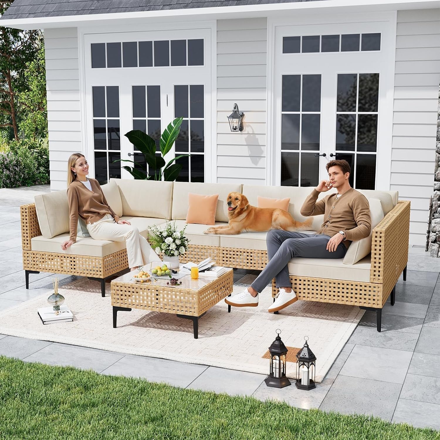 110 Inch Large 7 Piece Wicker Outdoor Patio Set Beige Cushions-1
