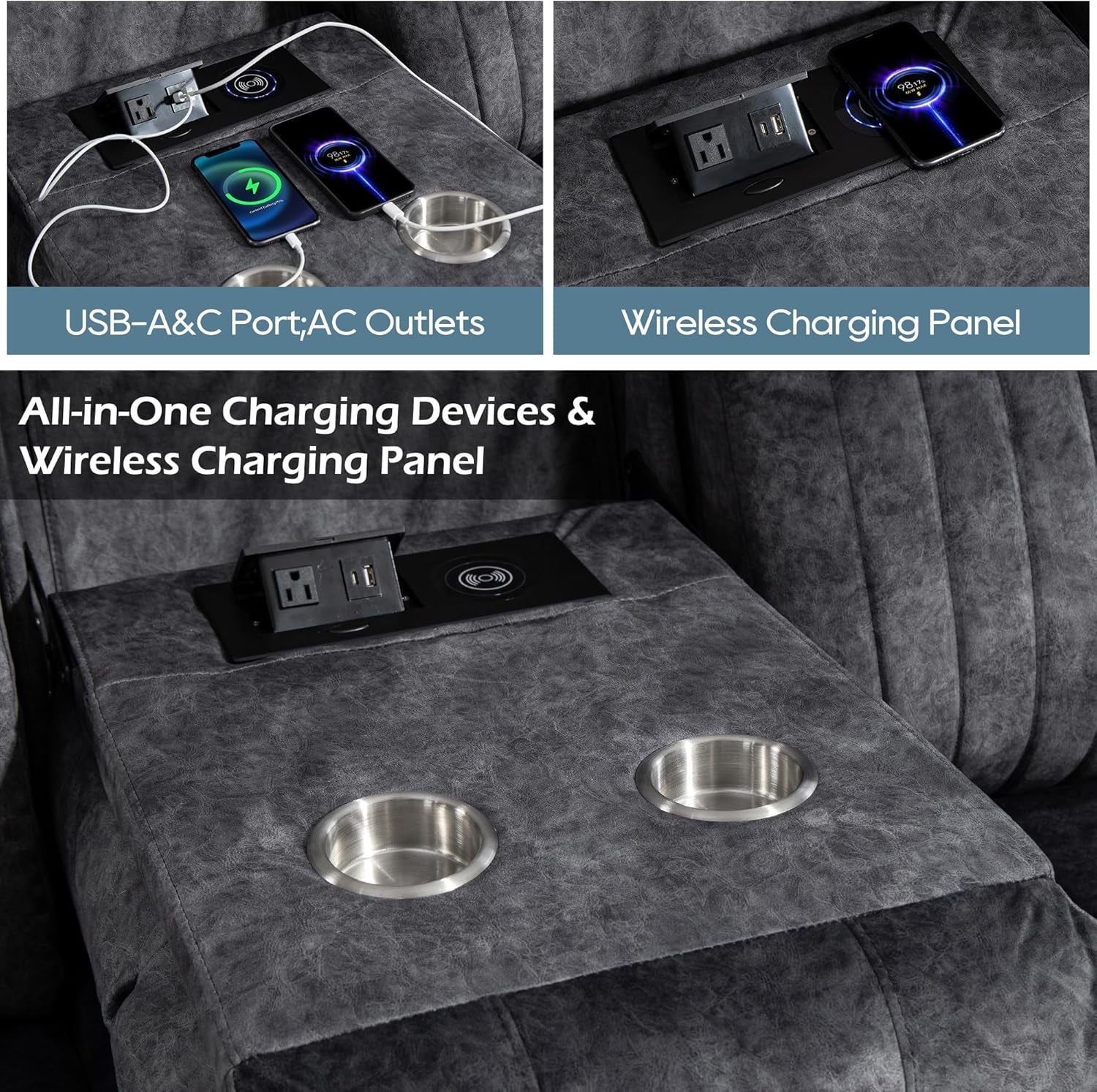 Zero Gravity Power Reclining Sofa with Adjustable Headrest, Electric Reclining Couch with Wireless Charge, Power Recliner Sofa Couch with Drop down Table,Cup Holder,Usb Ports (Grey)-4