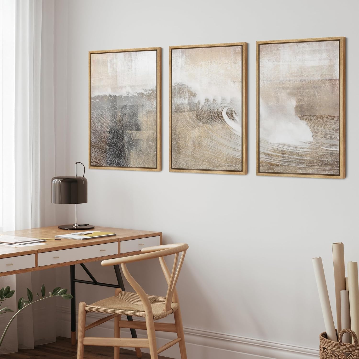 Framed Canvas Wall Art GrayTan OceanWave Collection Three Piece-3