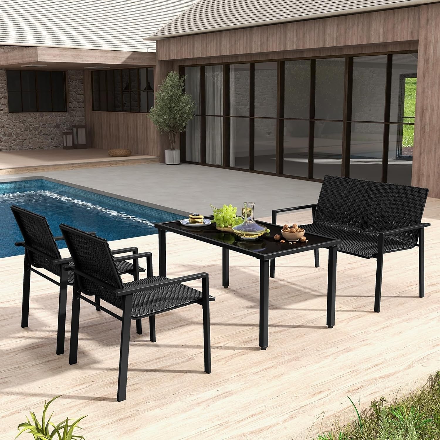 4 Piece Wicker Patio Conversation Set Black Coffee Table-2