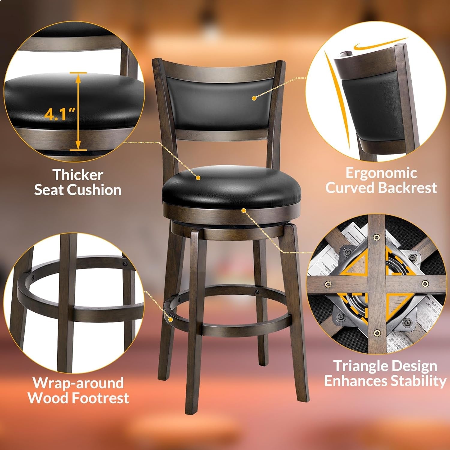 Swivel Bar Stools Set of 2, 24 Inch Counter Height Barstools, Black Faux Leather Bar Stool with High Backrest & Solid Wood Legs & Wrap-Around Footrest, Counter Stools for Kitchen Island, Pub-4