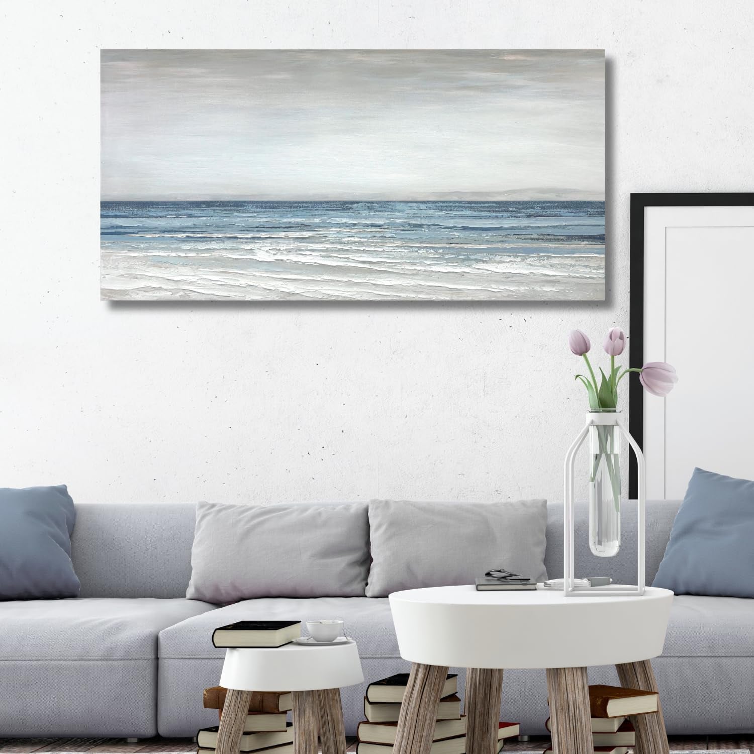 Textured Abstract Canvas Wall Art 28W X 57H Blue White Seascape-2