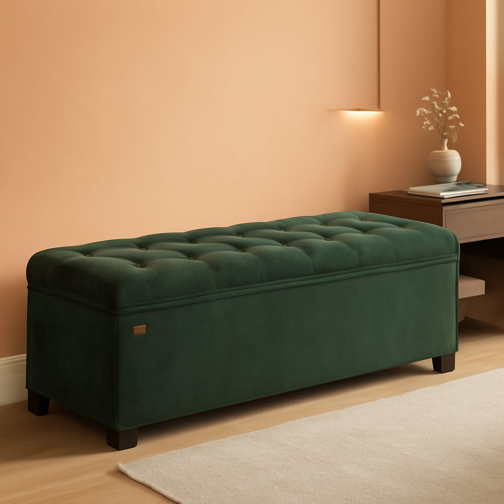 Forest Green Velvet Storage Ottoman Bench Entryway-0