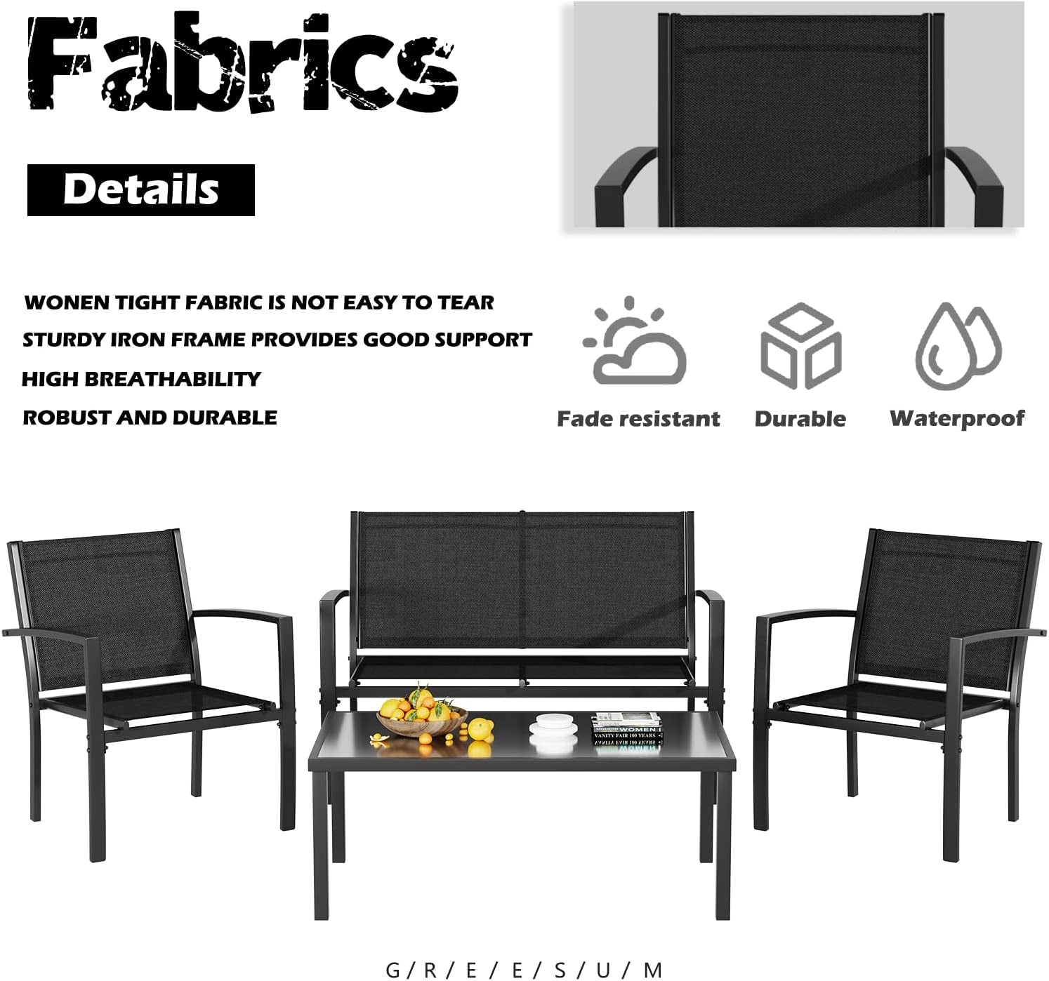 4 Piece Black Patio Furniture Set Outdoor Lounge Chairs-4